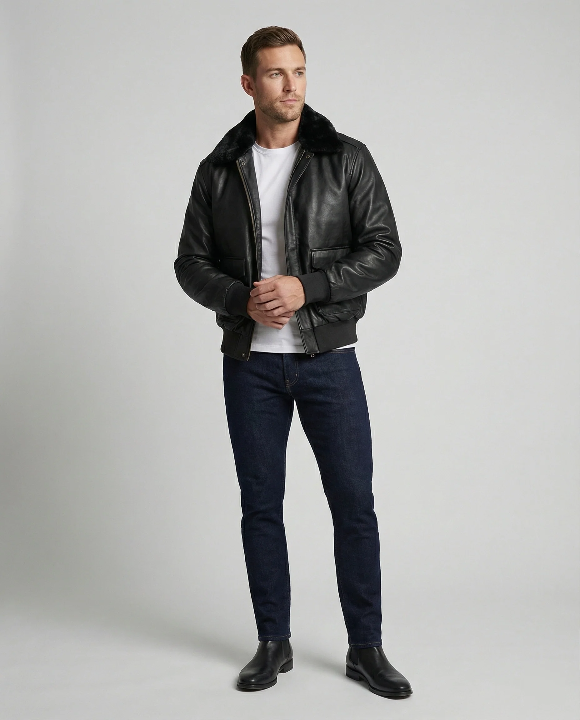 Herren Piloten Lederjacke mit Teddykragen - Image 3