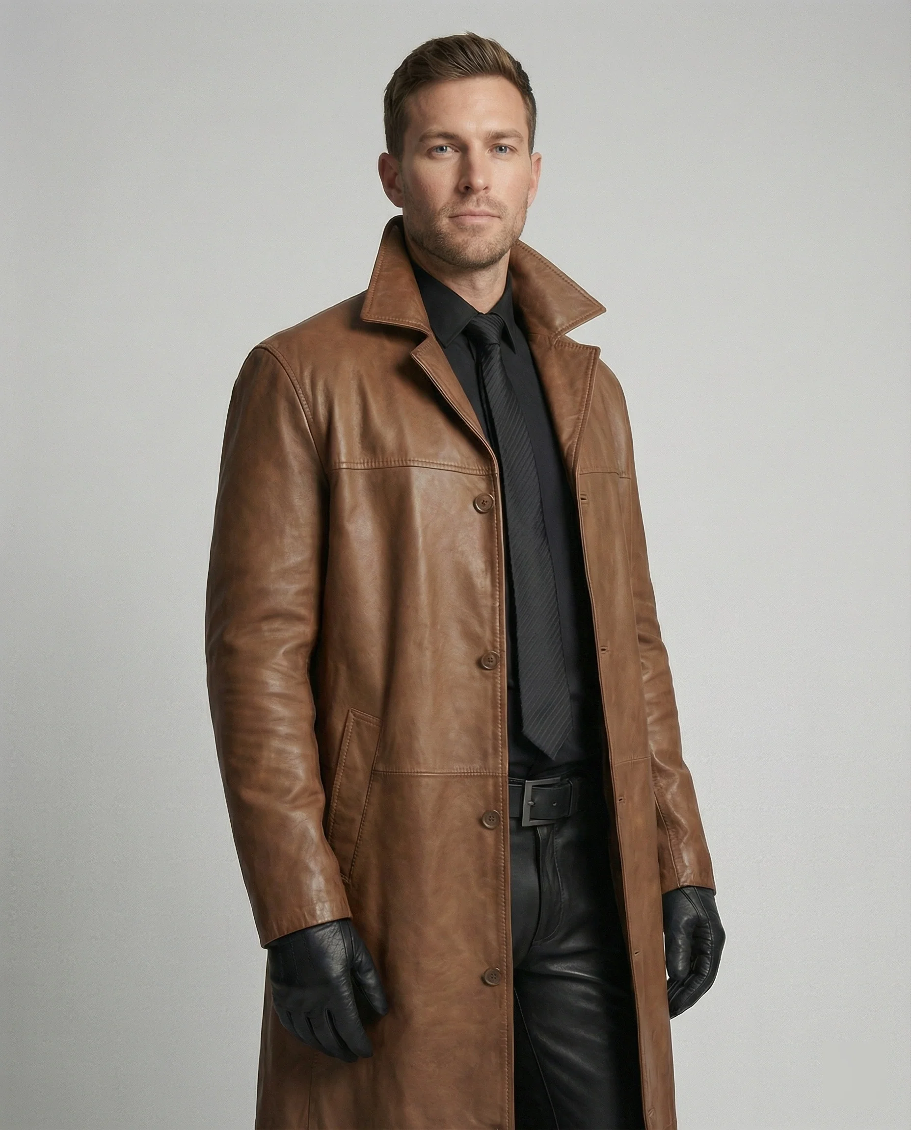 Herren Leder Trenchcoat Mantel - Image 8