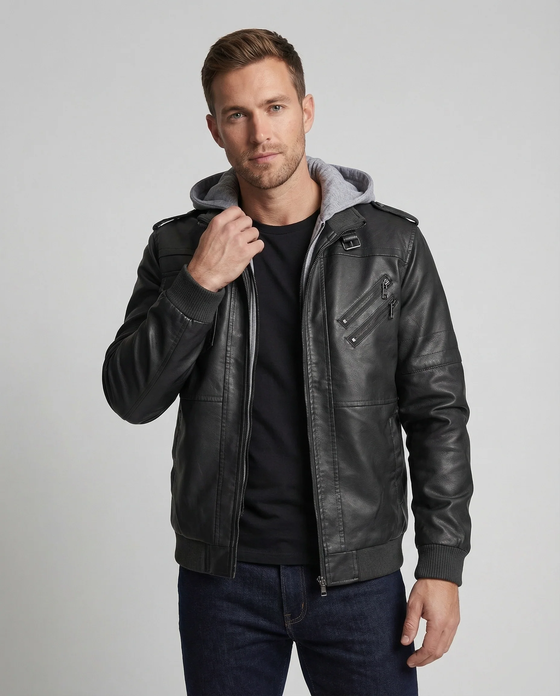 Herren Kunstlederjacke mit Sweatkapuze & Reißverschluss - Image 2