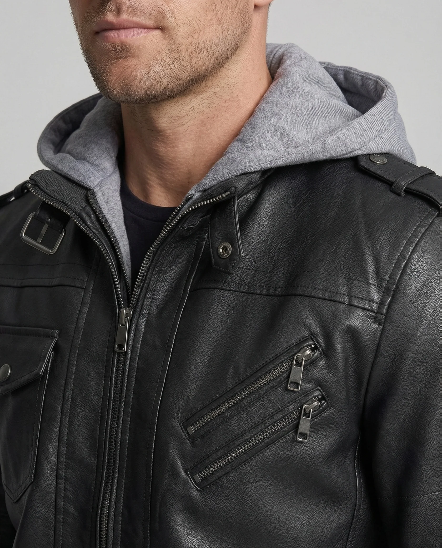 Herren Kunstlederjacke mit Sweatkapuze & Reißverschluss - Image 3