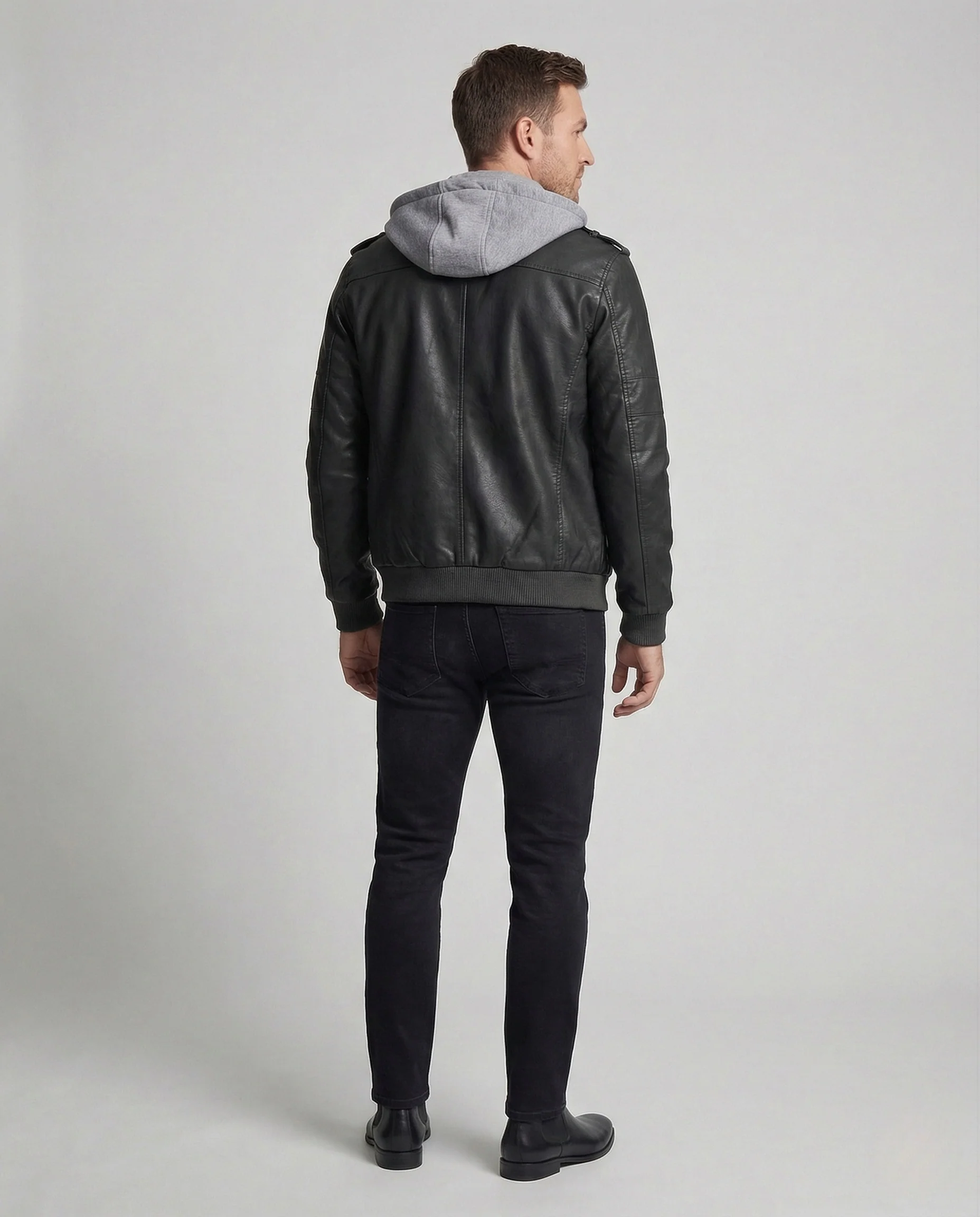 Herren Kunstlederjacke mit Sweatkapuze & Reißverschluss - Image 4