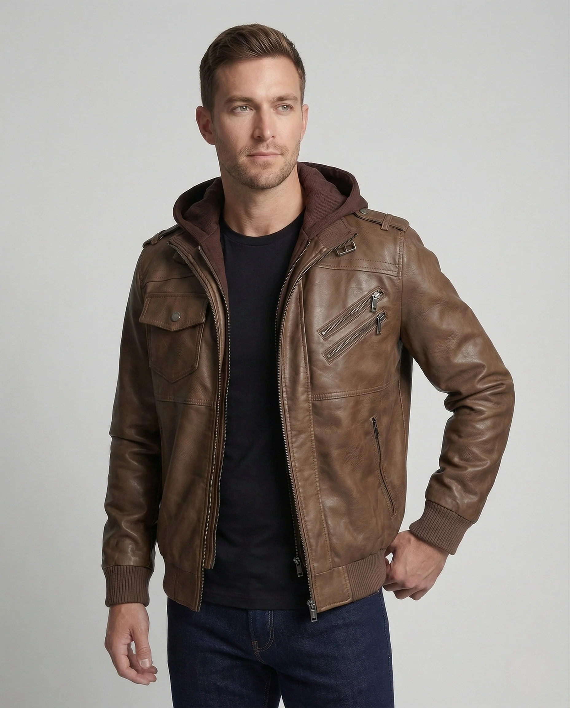 Herren Kunstlederjacke mit Kontrastkapuze & Reißverschlusstaschen - Image 2
