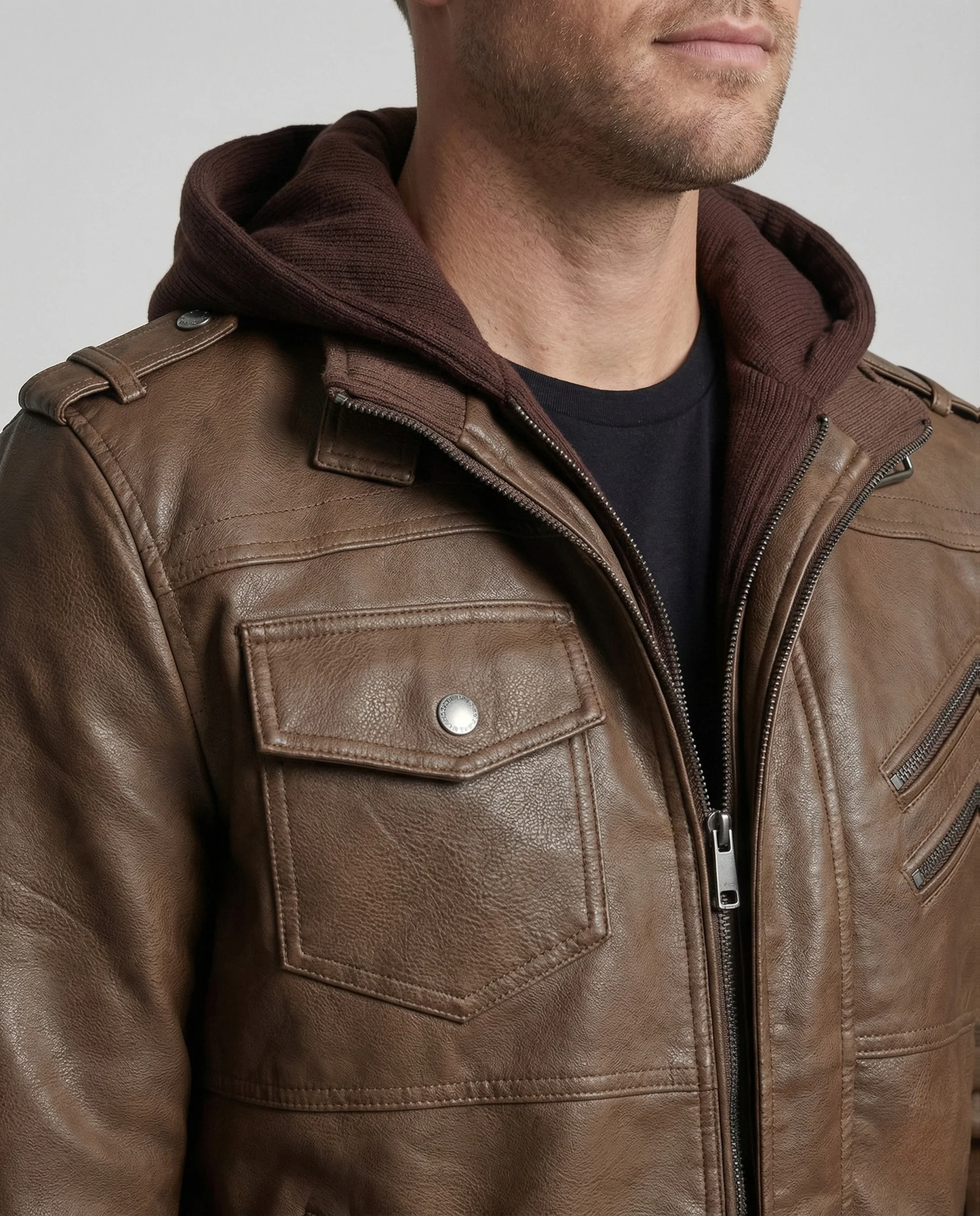 Herren Kunstlederjacke mit Kontrastkapuze & Reißverschlusstaschen - Image 3