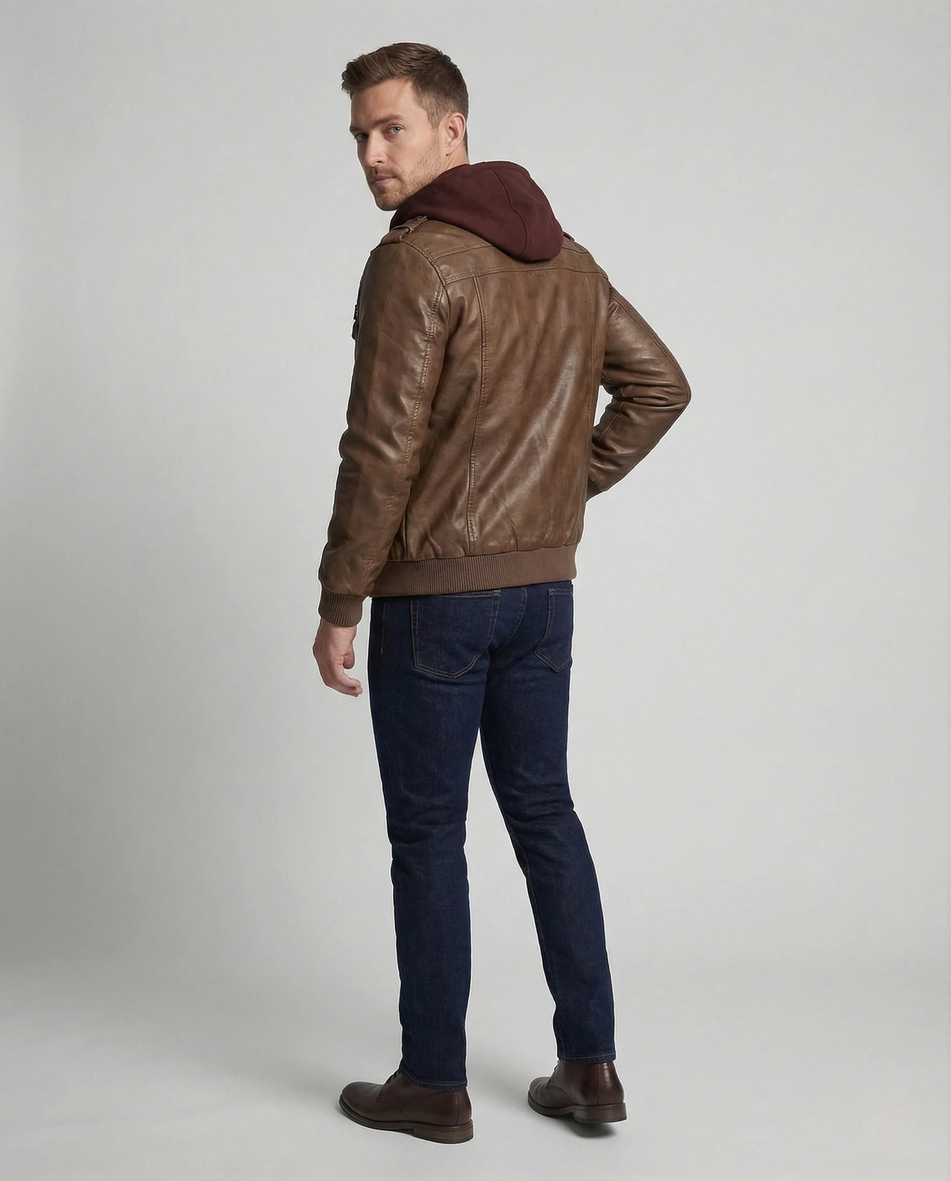 Herren Kunstlederjacke mit Kontrastkapuze & Reißverschlusstaschen - Image 4