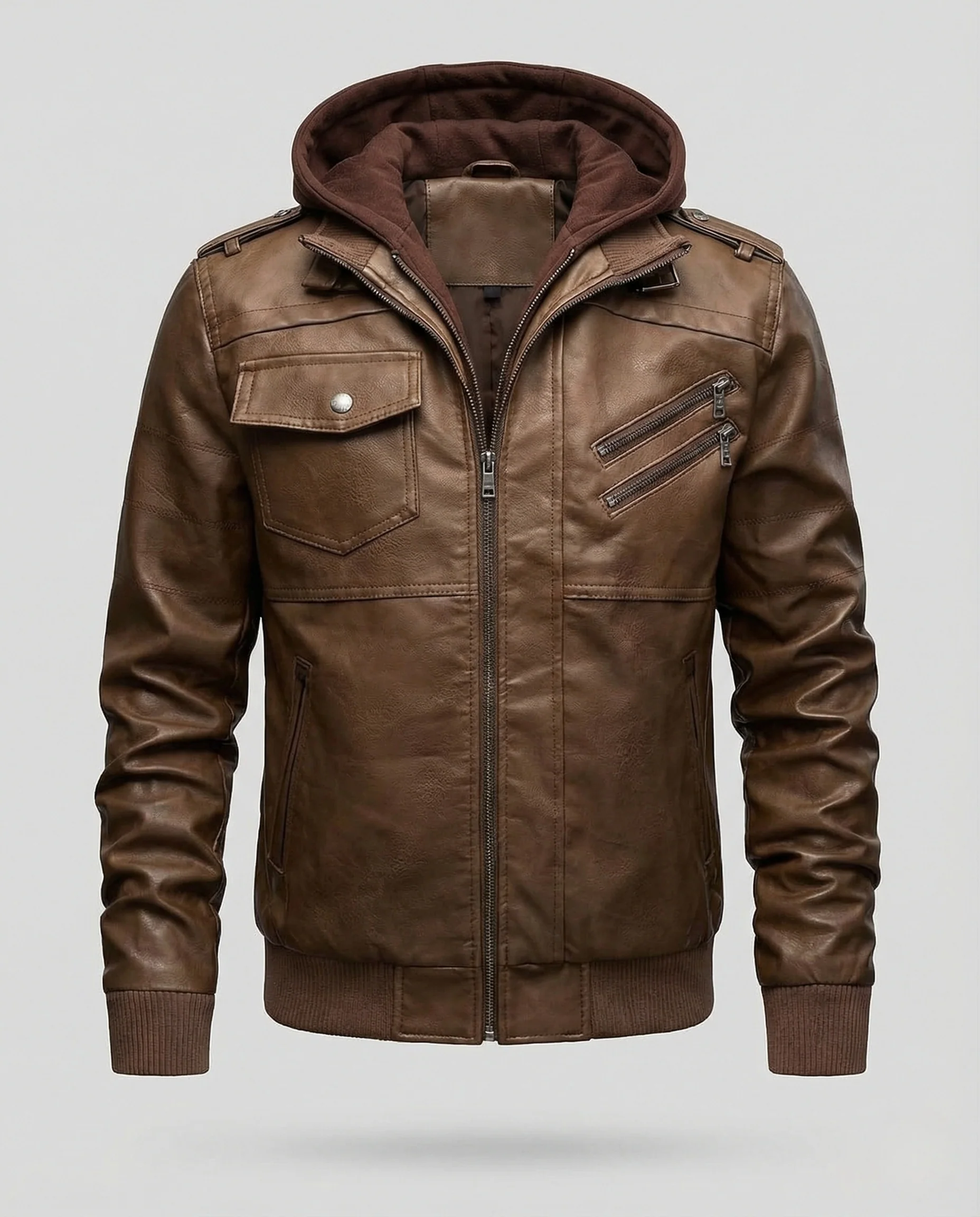 Herren Kunstlederjacke mit Kontrastkapuze & Reißverschlusstaschen - Image 5