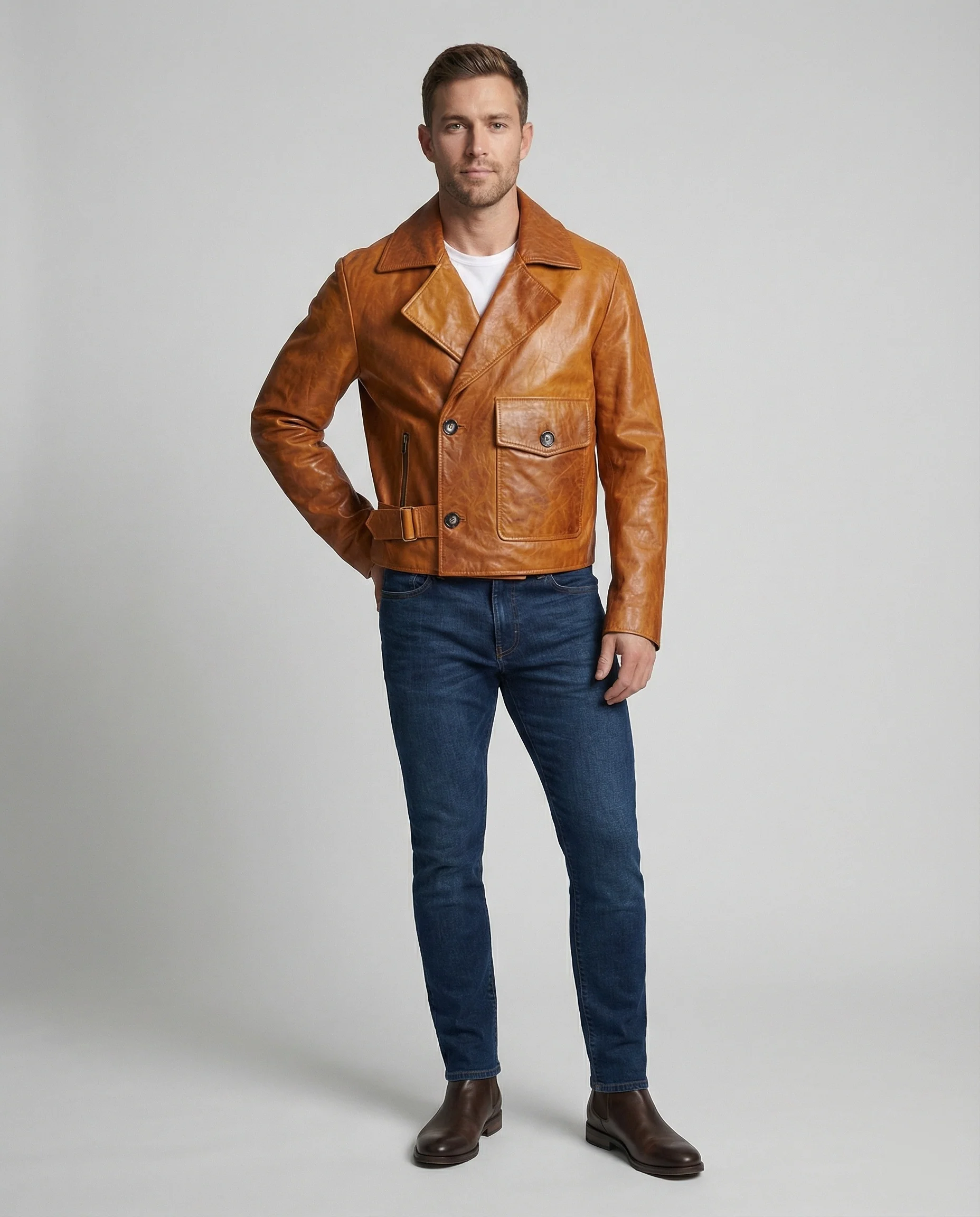 Herren Lederjacke Biker kurz mit Revers - Image 2