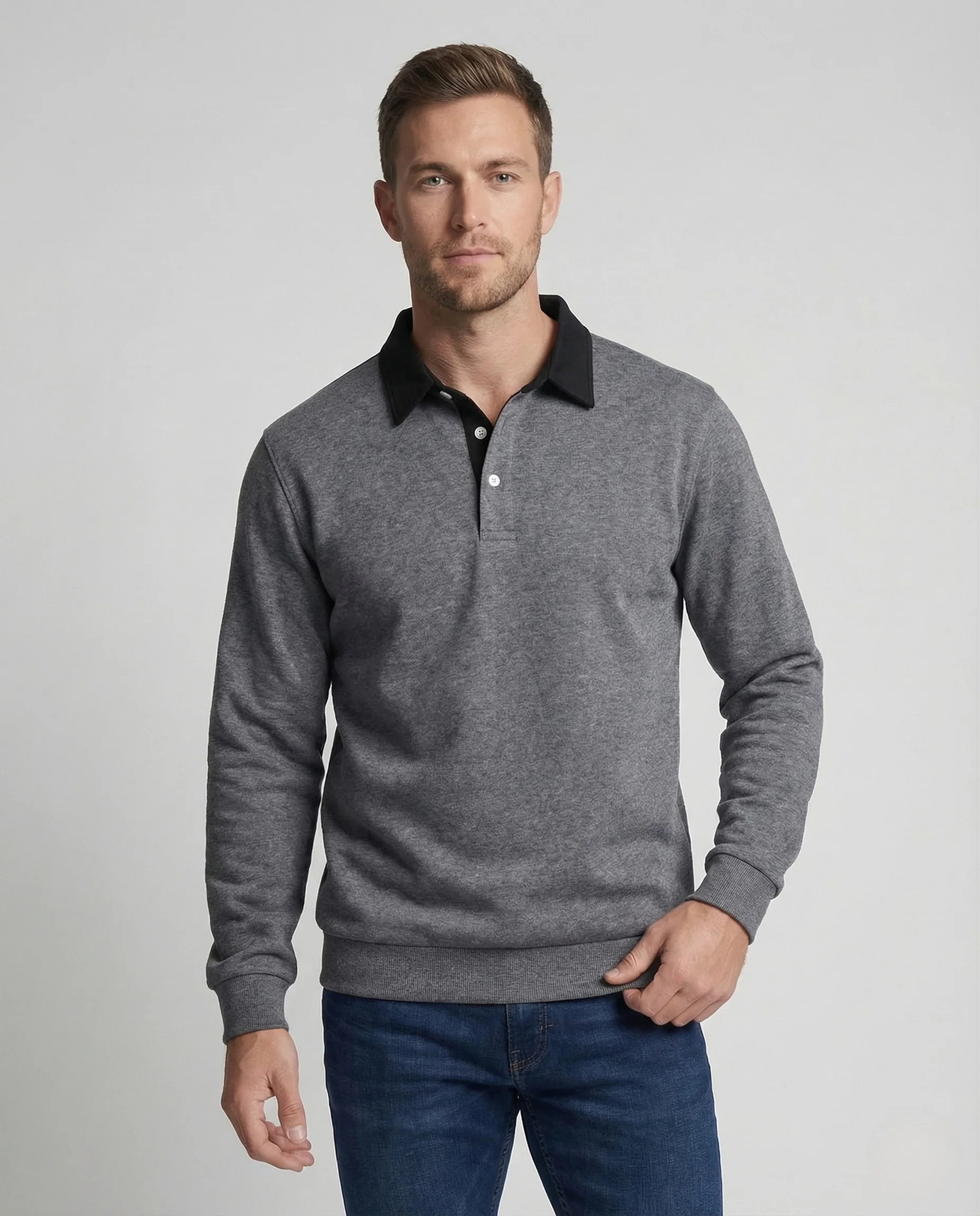 Herren Poloshirt Langarm Kontrastkragen - Image 2