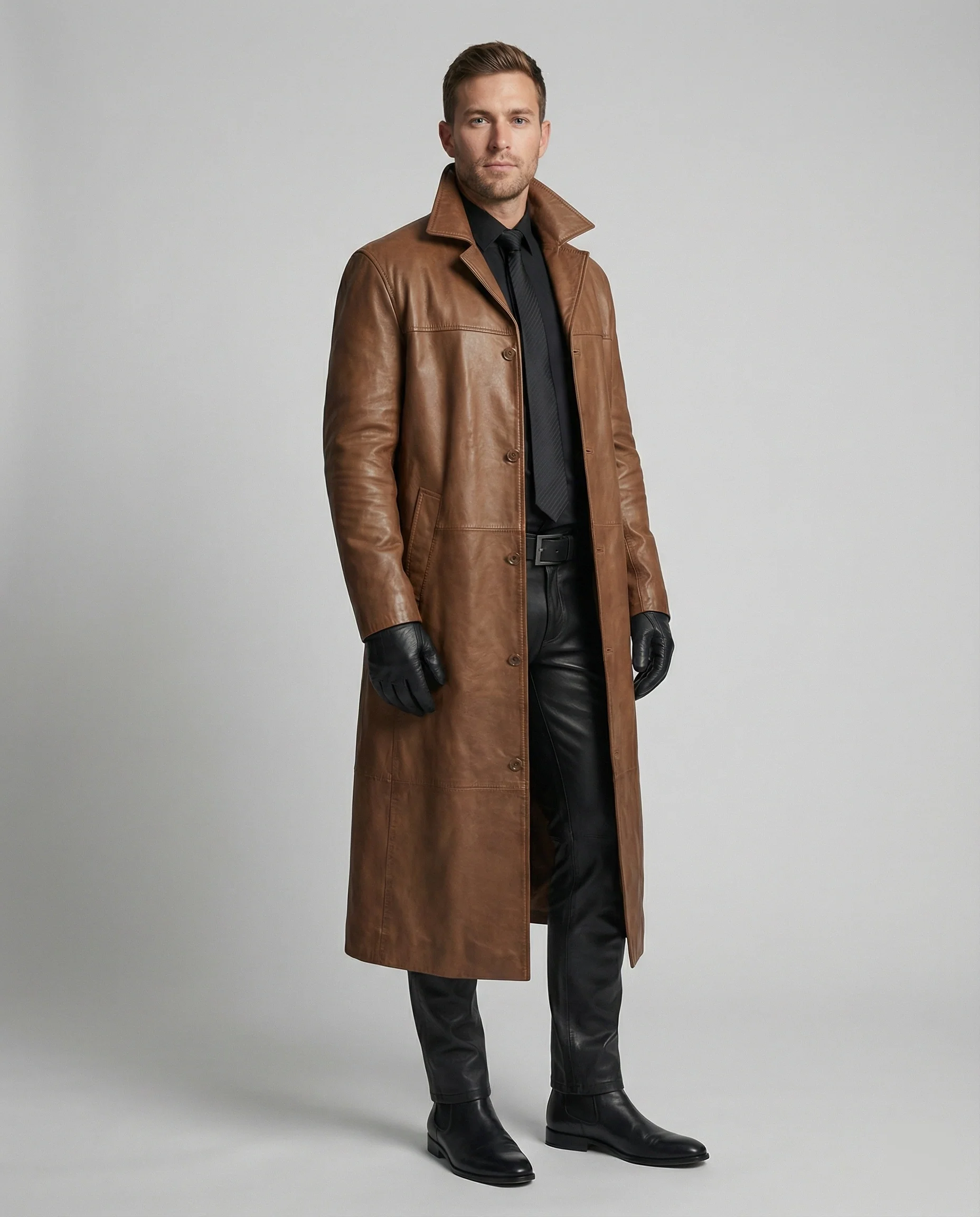 Herren Langer Leder Trenchcoat - Image 7