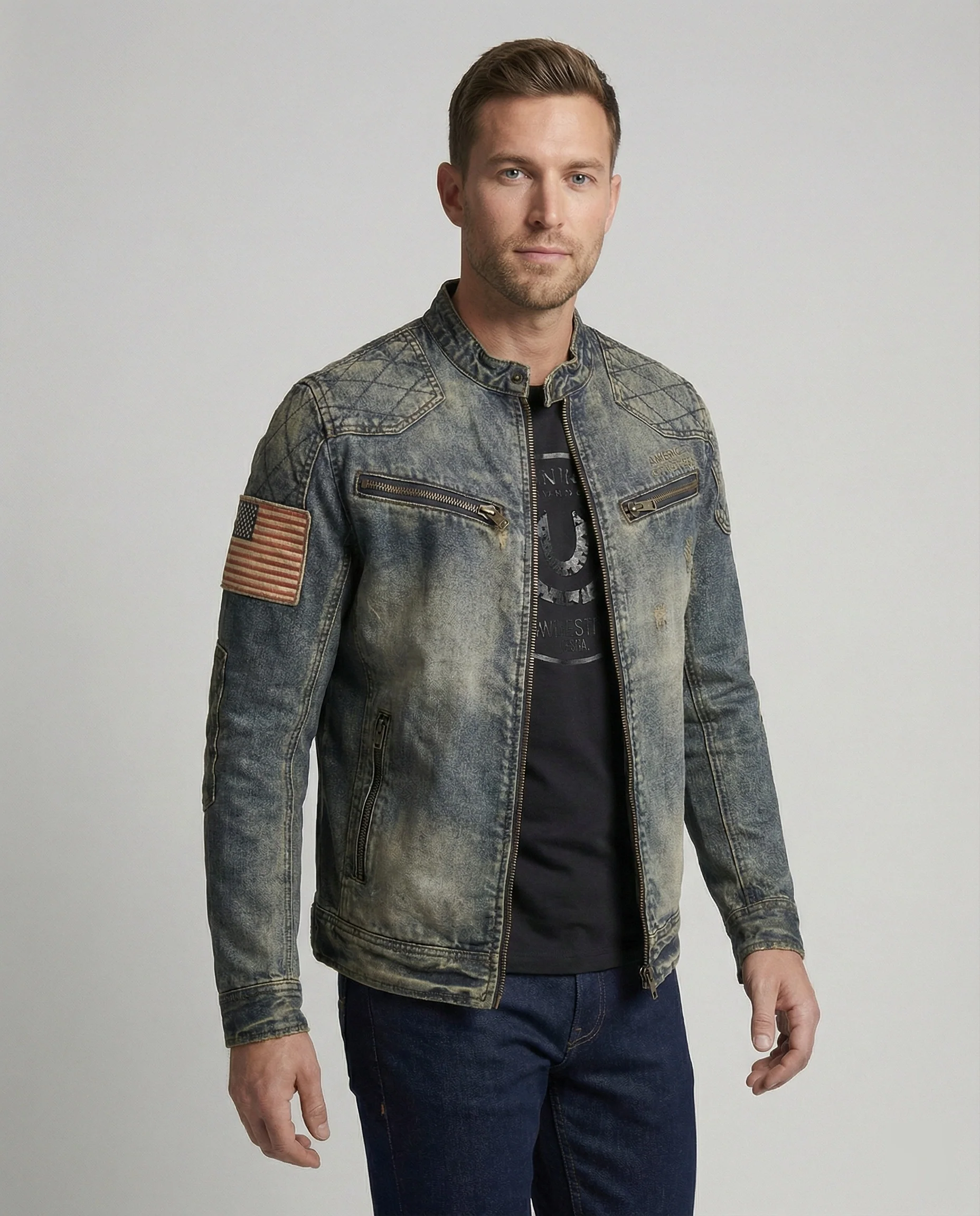 Herren Jeansjacke Biker Stil Stehkragen - Image 5