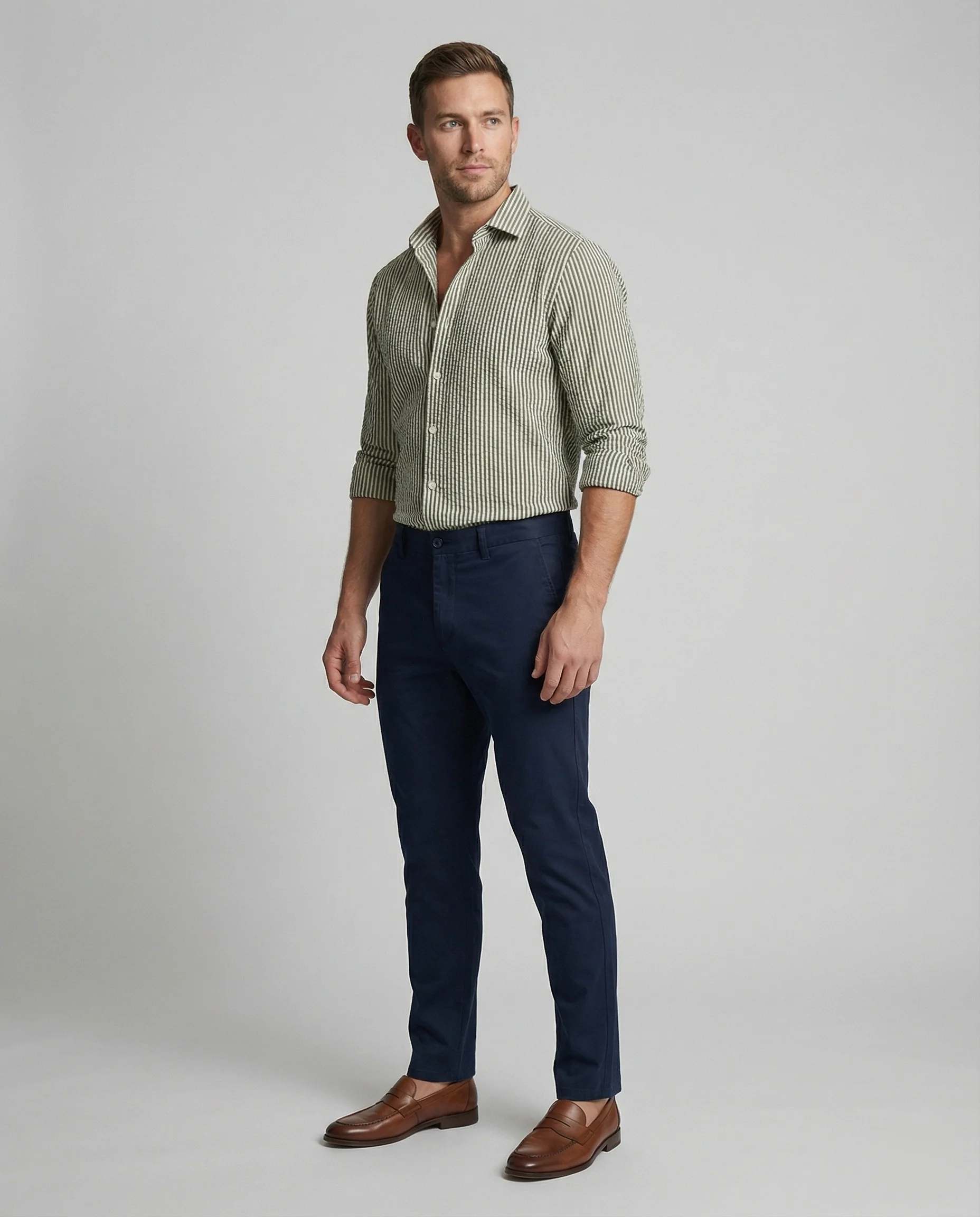 Herren Seersucker Langarmhemd Gestreift - Image 8