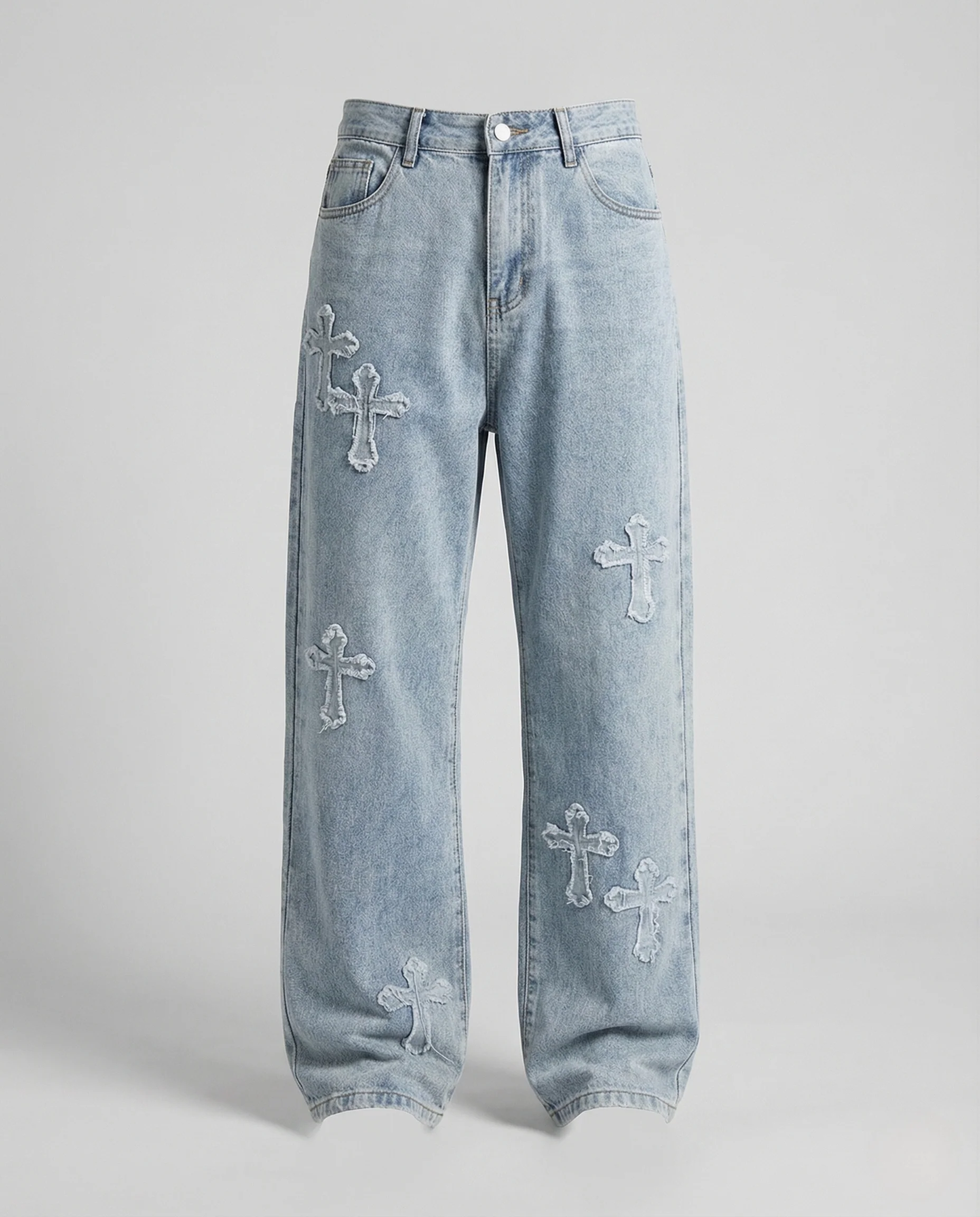 Herren Baggy Jeans mit Kreuz Applikationen Distressed Denim - Image 5