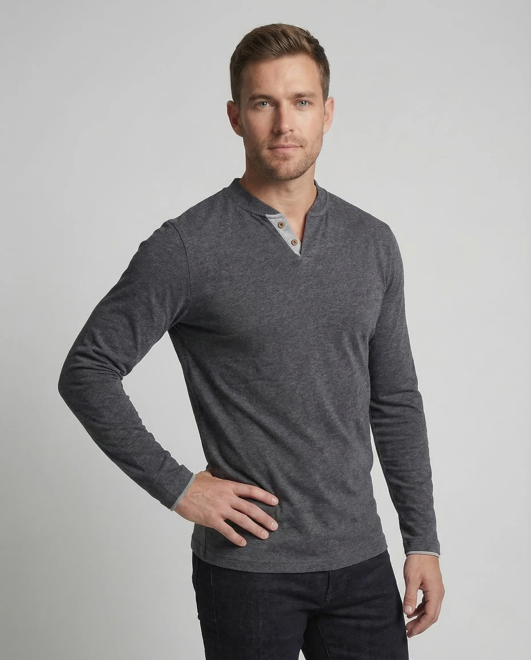 Herren Langarmshirt V Ausschnitt Knopfleiste - Image 2