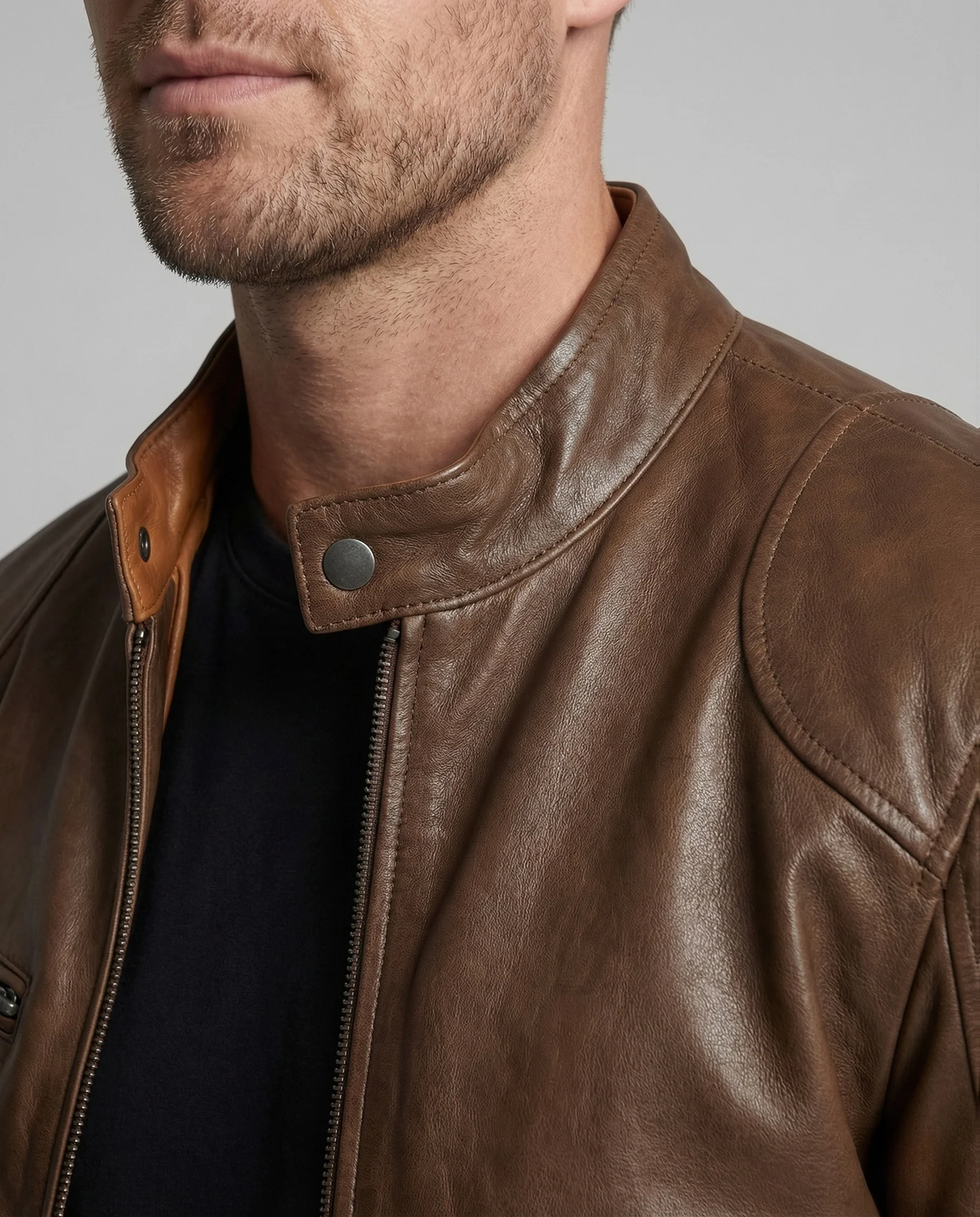 Herren Leder Racerjacke Stehkragen - Image 3