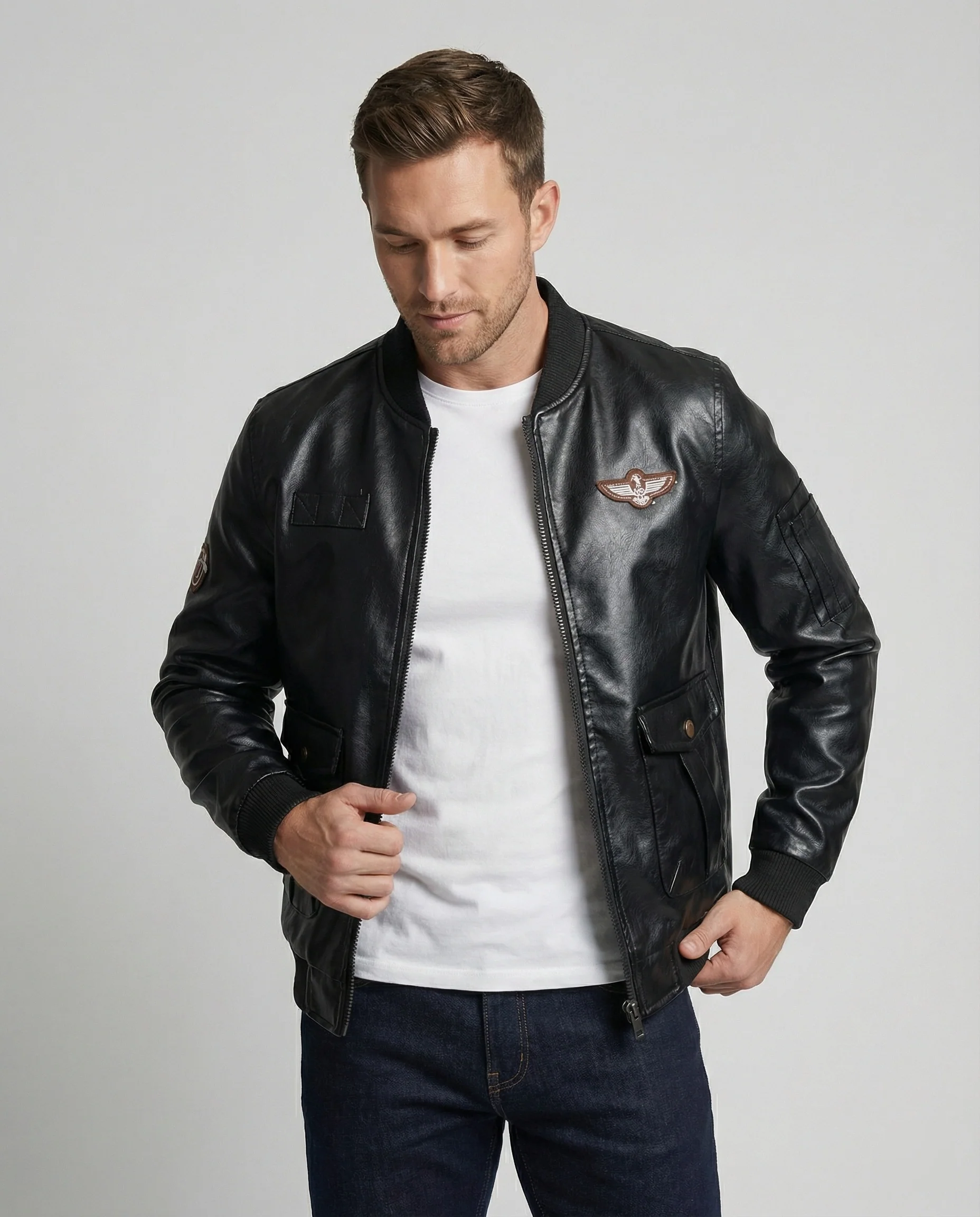 Herren Bomberjacke Kunstleder Pilotenstil - Image 5