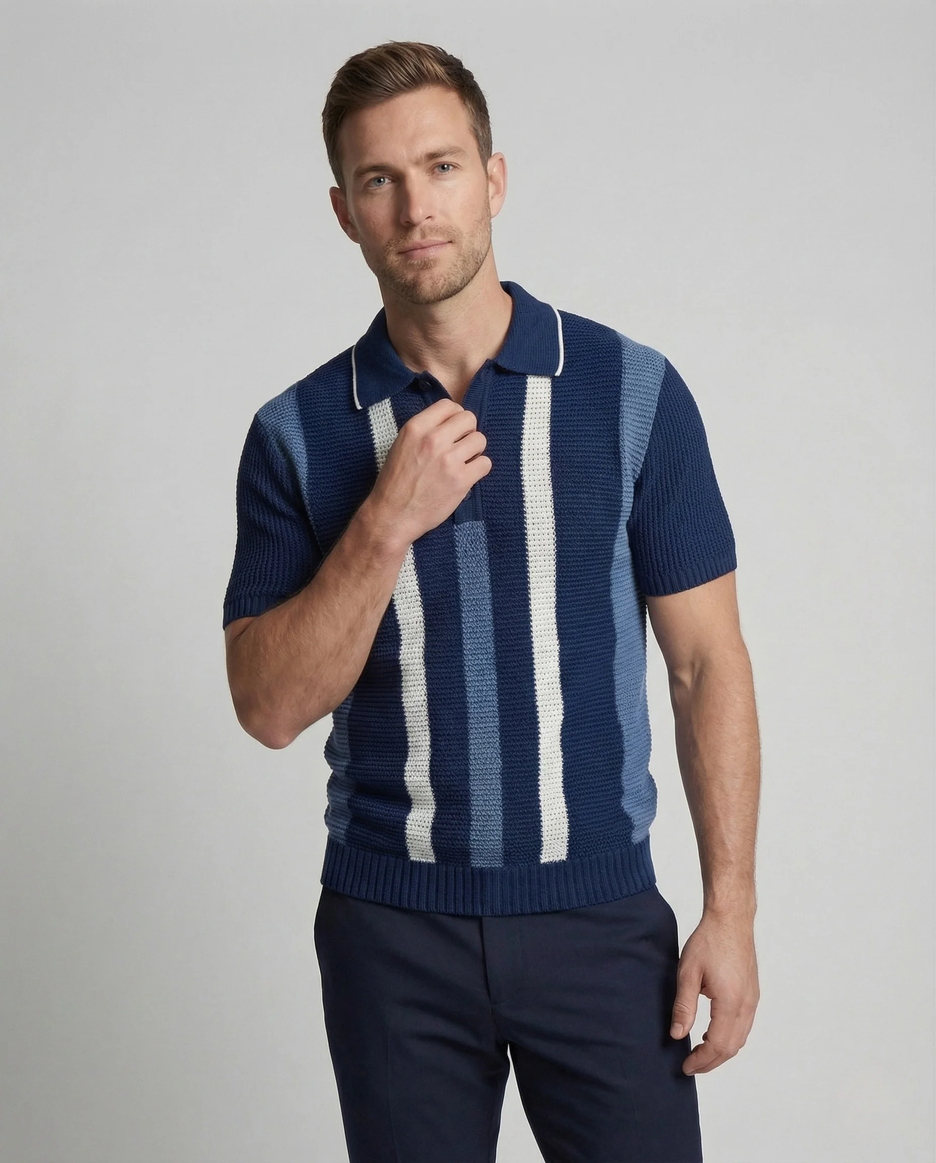Herren Strick Polo Retro Streifen - Image 2