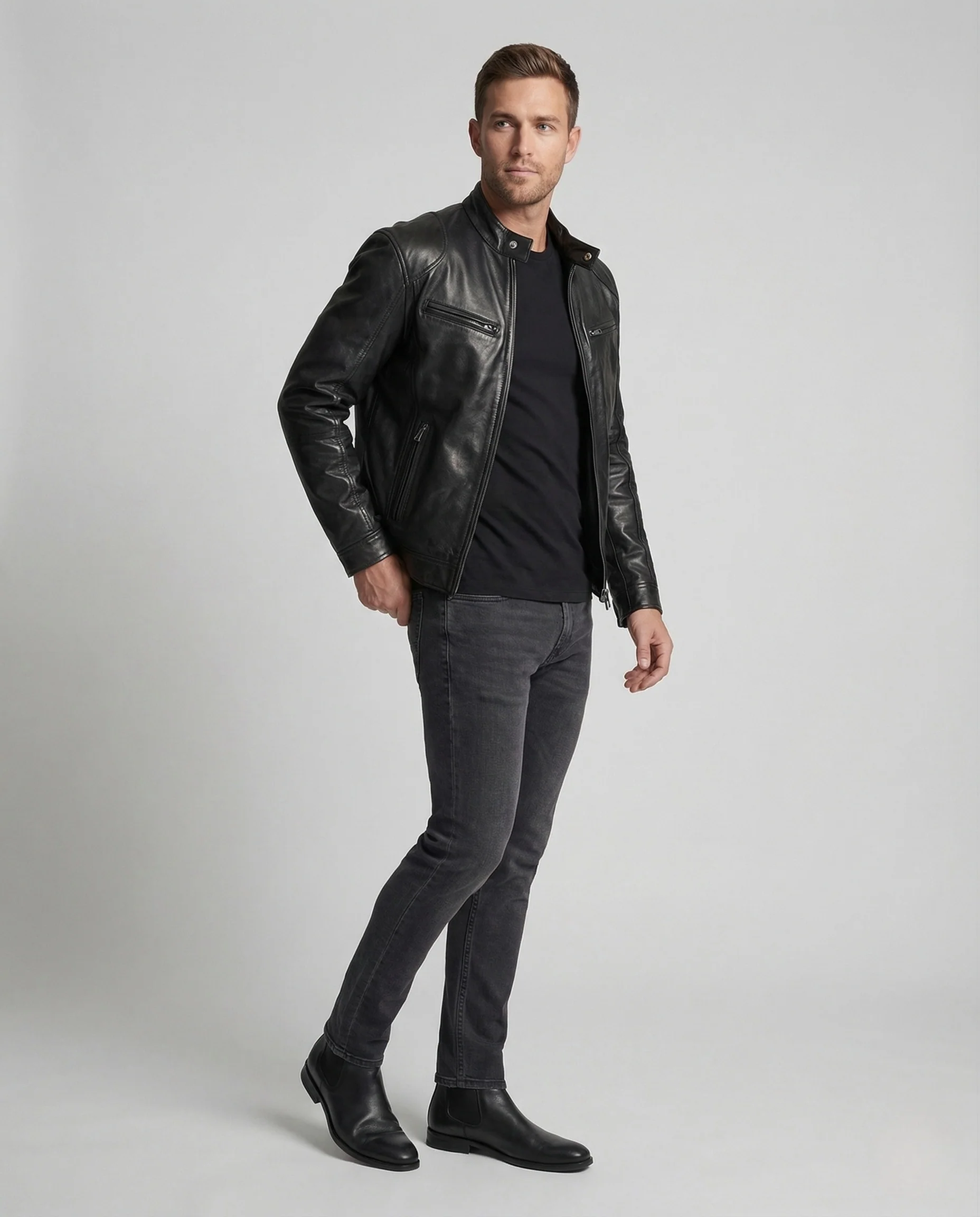 Herren Biker Lederjacke mit Stehkragen und Reißverschlusstaschen - Image 2