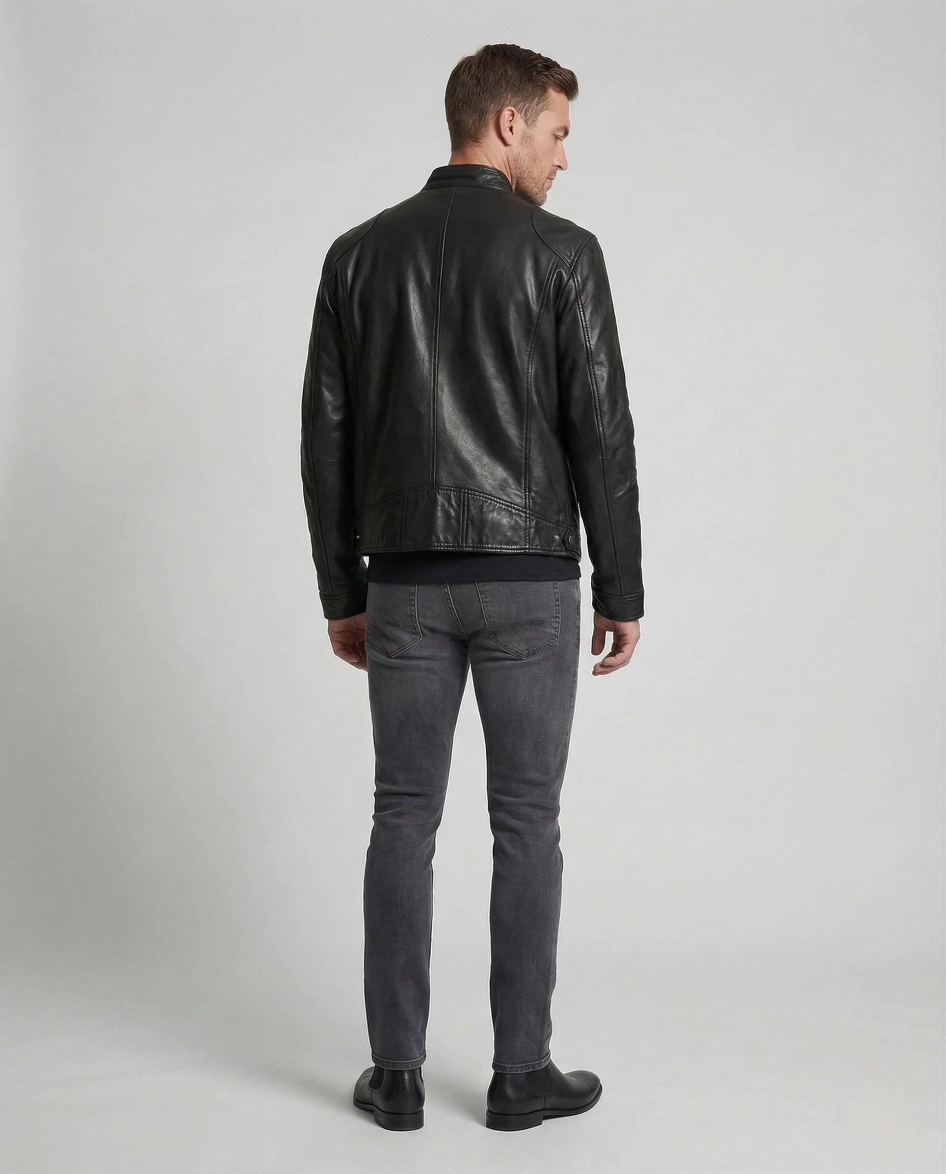 Herren Biker Lederjacke mit Stehkragen und Reißverschlusstaschen - Image 3