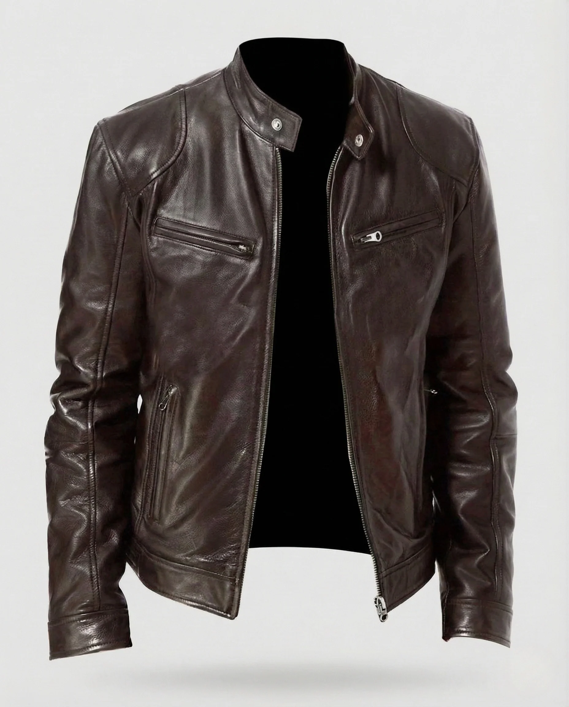 Herren Biker Lederjacke mit Stehkragen und Reißverschlusstaschen - Image 6
