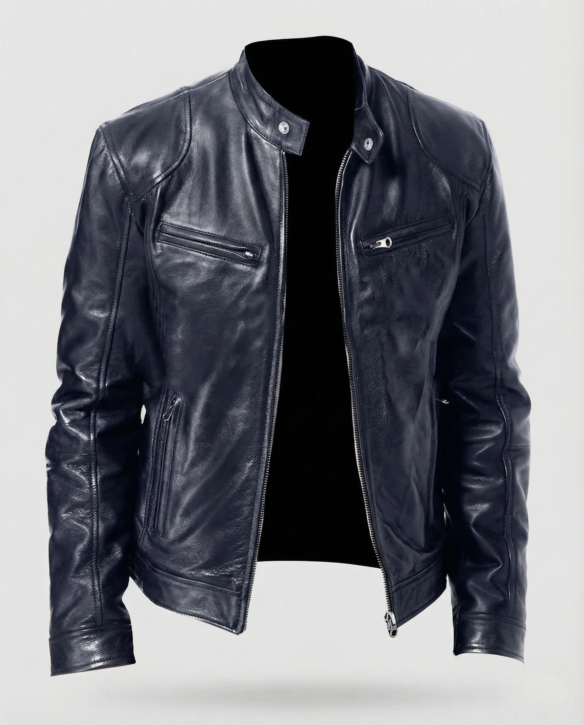 Herren Biker Lederjacke mit Stehkragen und Reißverschlusstaschen - Image 8
