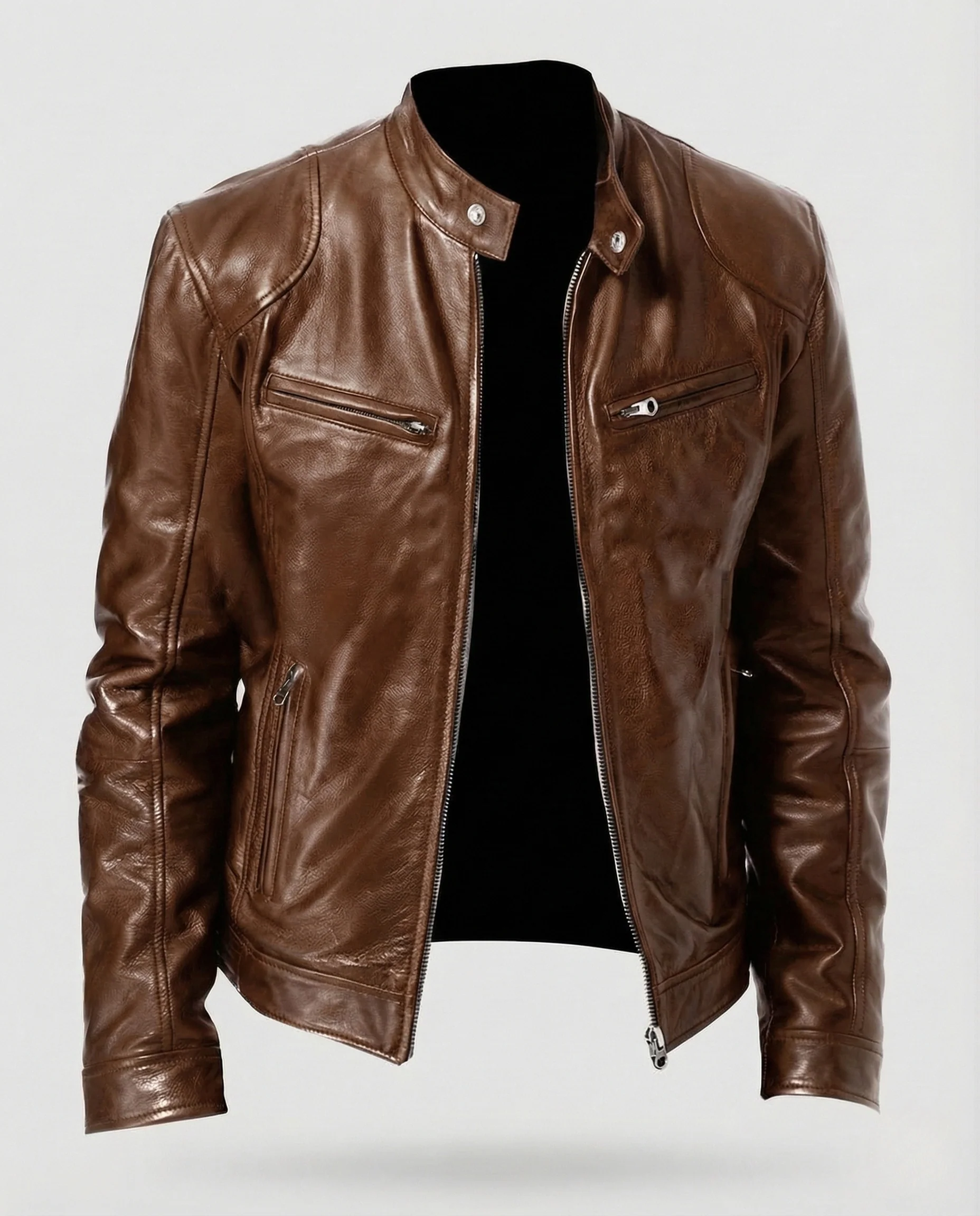 Herren Biker Lederjacke mit Stehkragen und Reißverschlusstaschen - Image 9