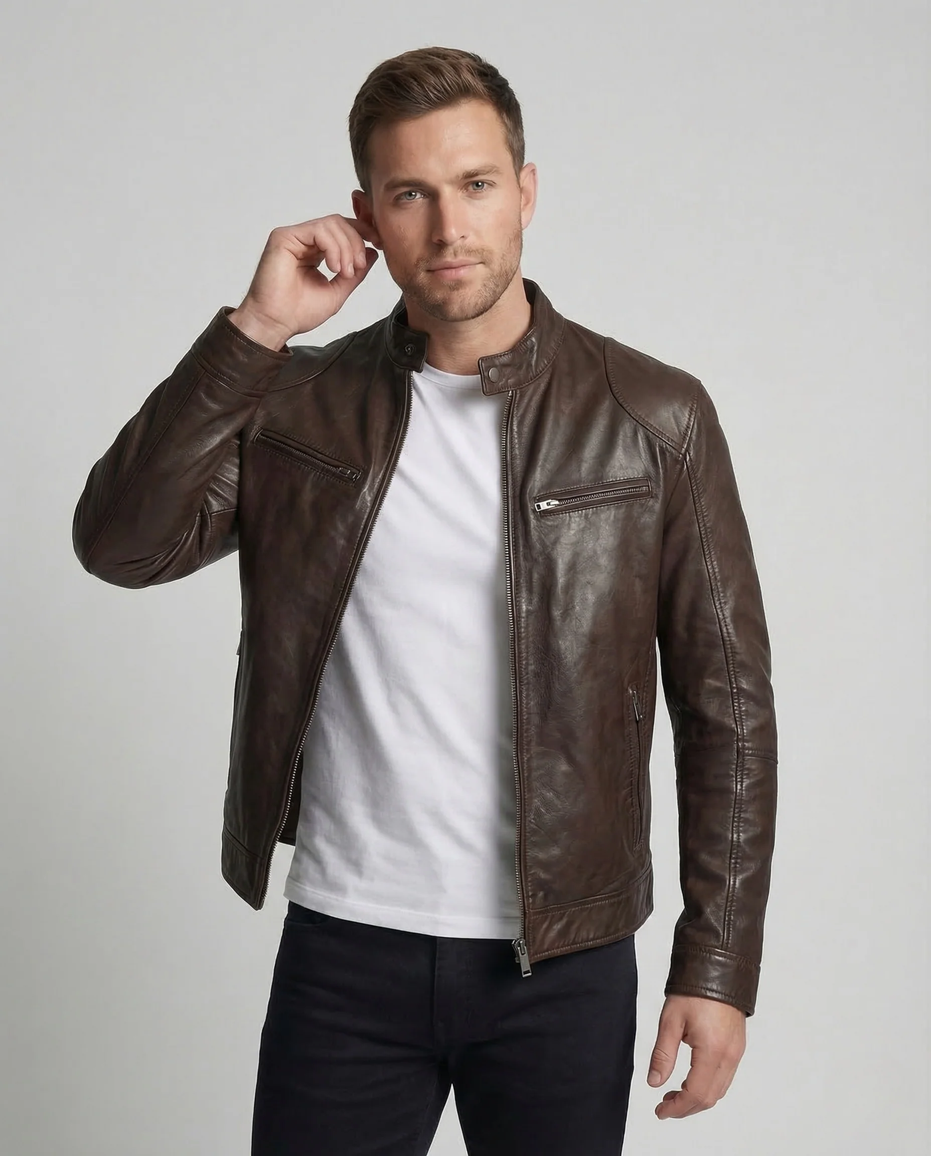 Herren Lederjacke Bikerstil Stehkragen - Image 2