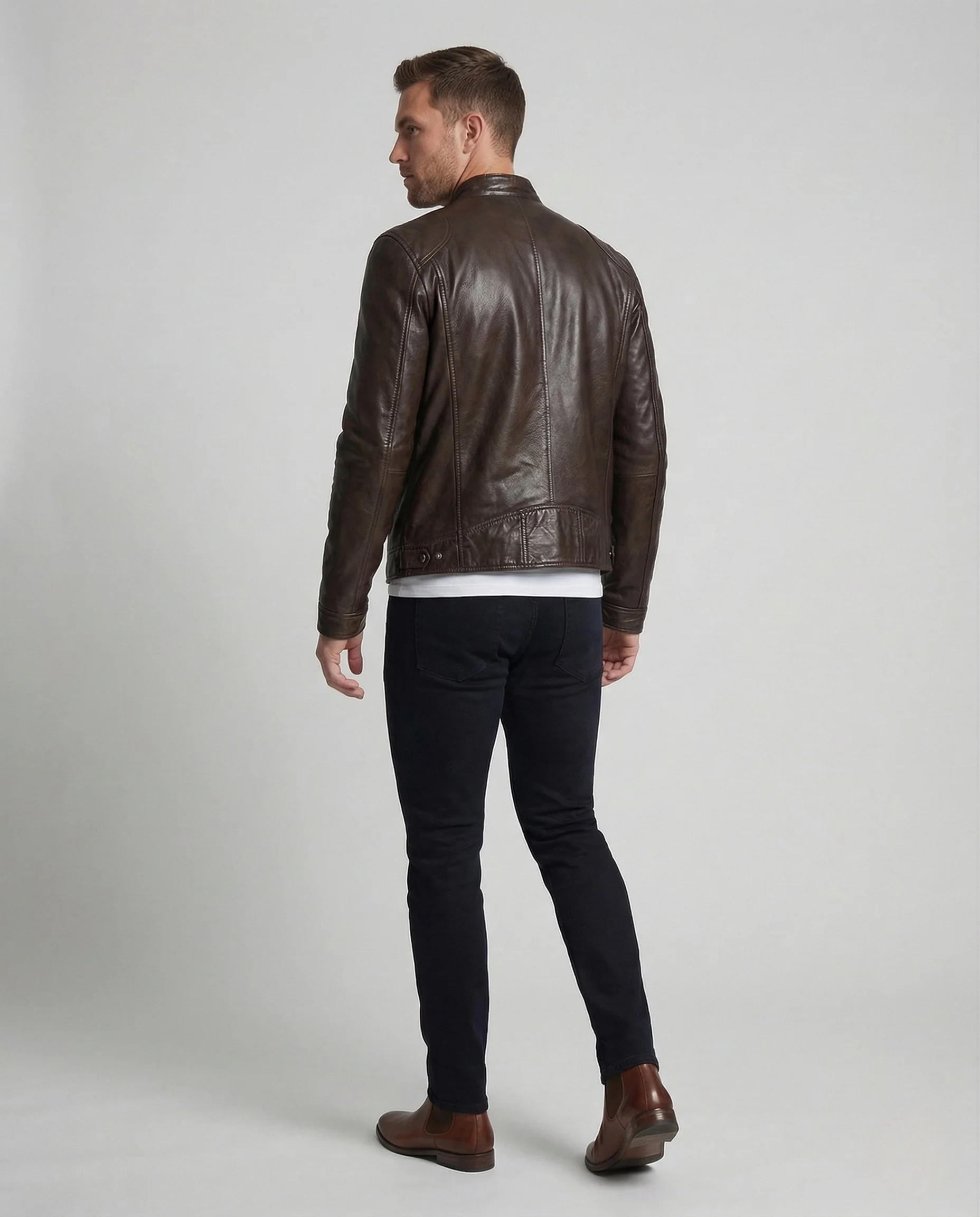 Herren Lederjacke Bikerstil Stehkragen - Image 4