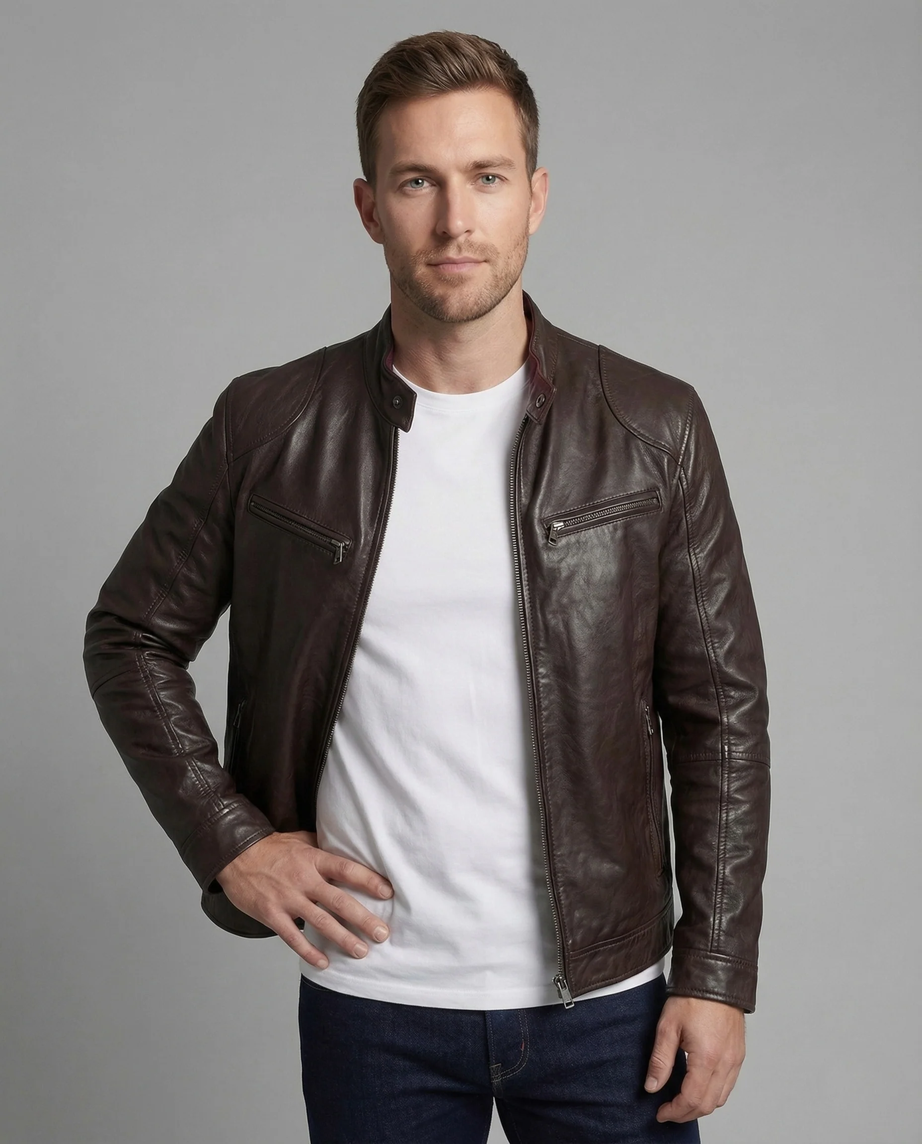 Herren Lederjacke Slim Fit Stehkragen Reißverschlusstaschen - Image 2