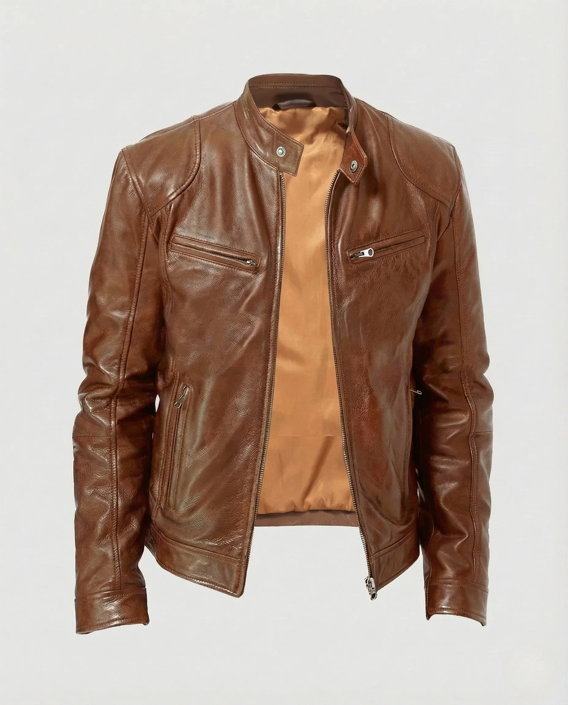 Herren Lederjacke Slim Fit Stehkragen Reißverschlusstaschen - Image 5