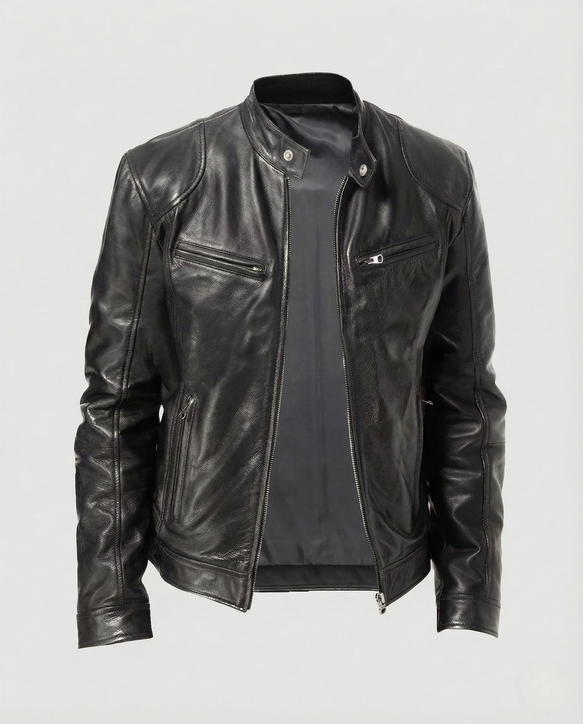 Herren Lederjacke Slim Fit Stehkragen Reißverschlusstaschen - Image 6