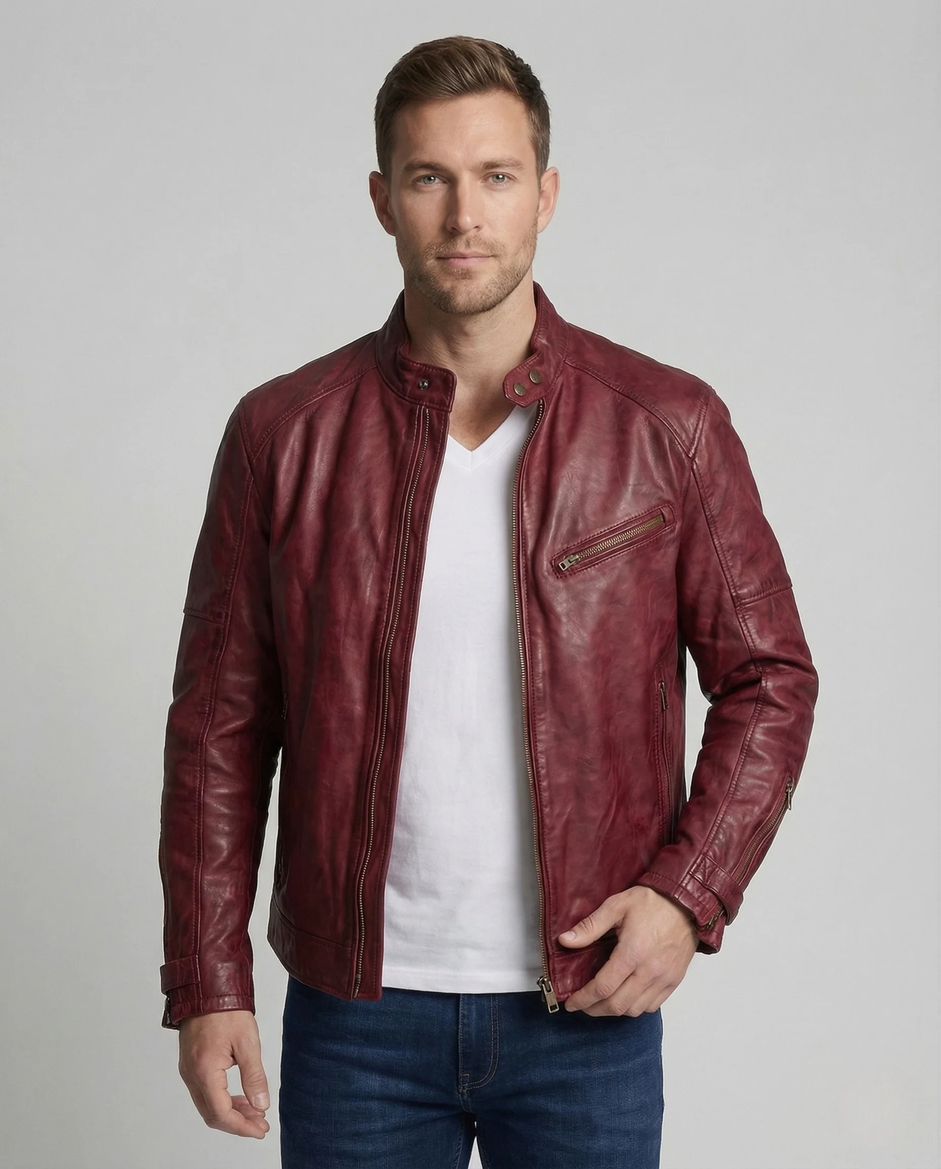 Herren Lederjacke Biker Stil Schmal Geschnitten mit Stehkragen - Image 2