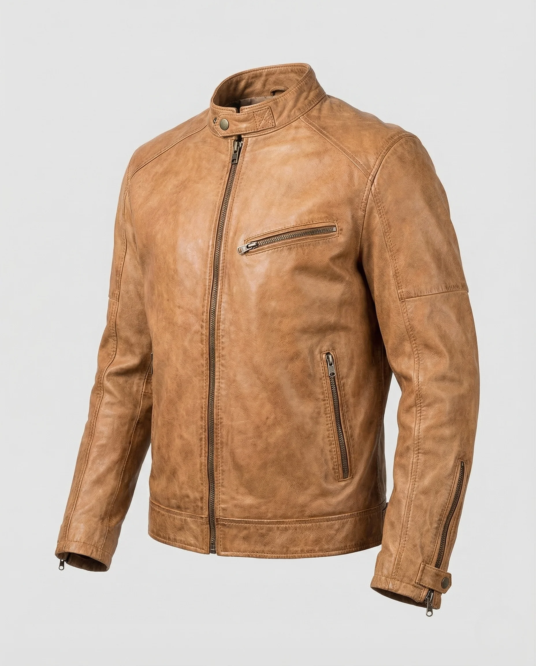 Herren Lederjacke Biker Stil Schmal Geschnitten mit Stehkragen - Image 5