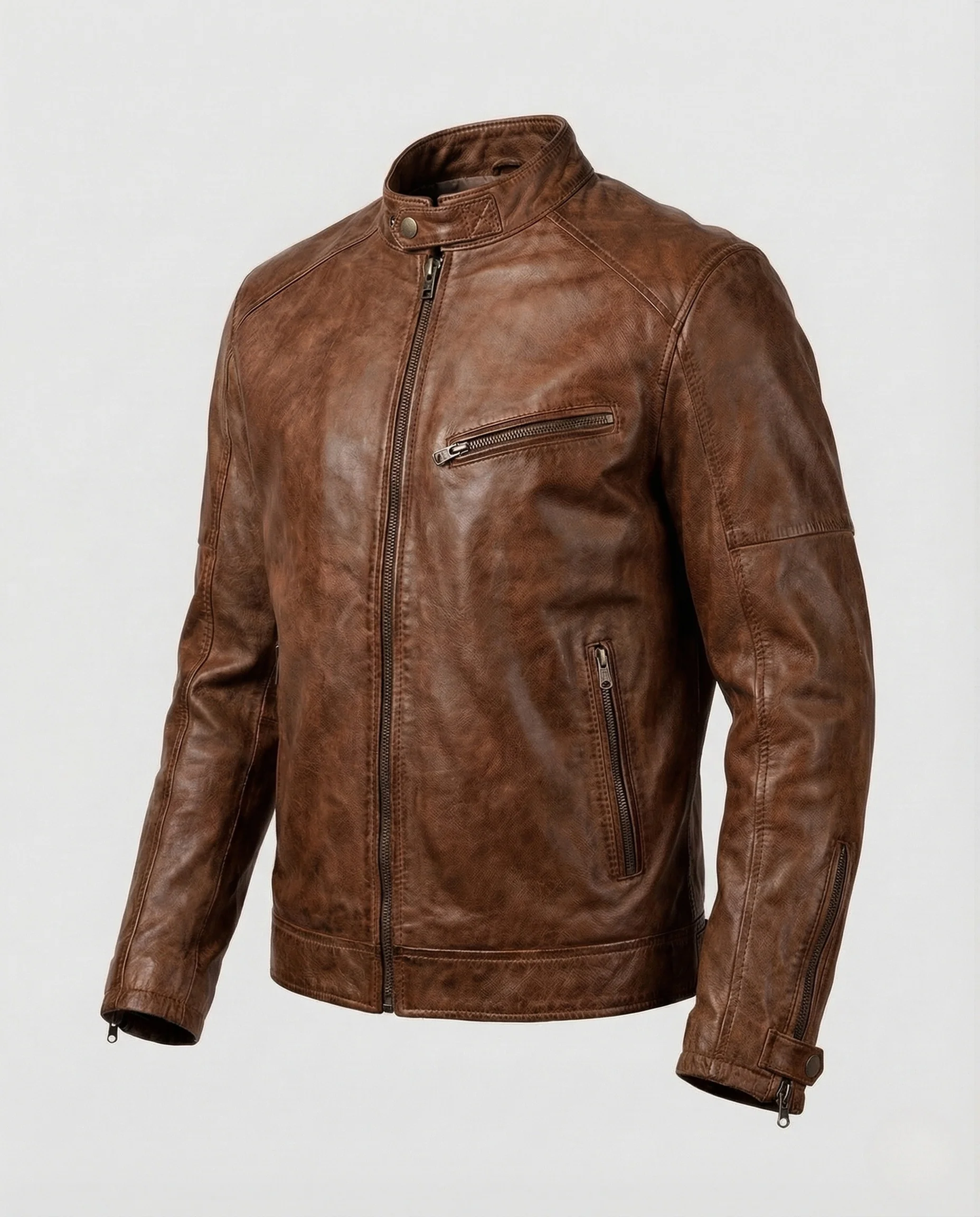 Herren Lederjacke Biker Stil Schmal Geschnitten mit Stehkragen - Image 7
