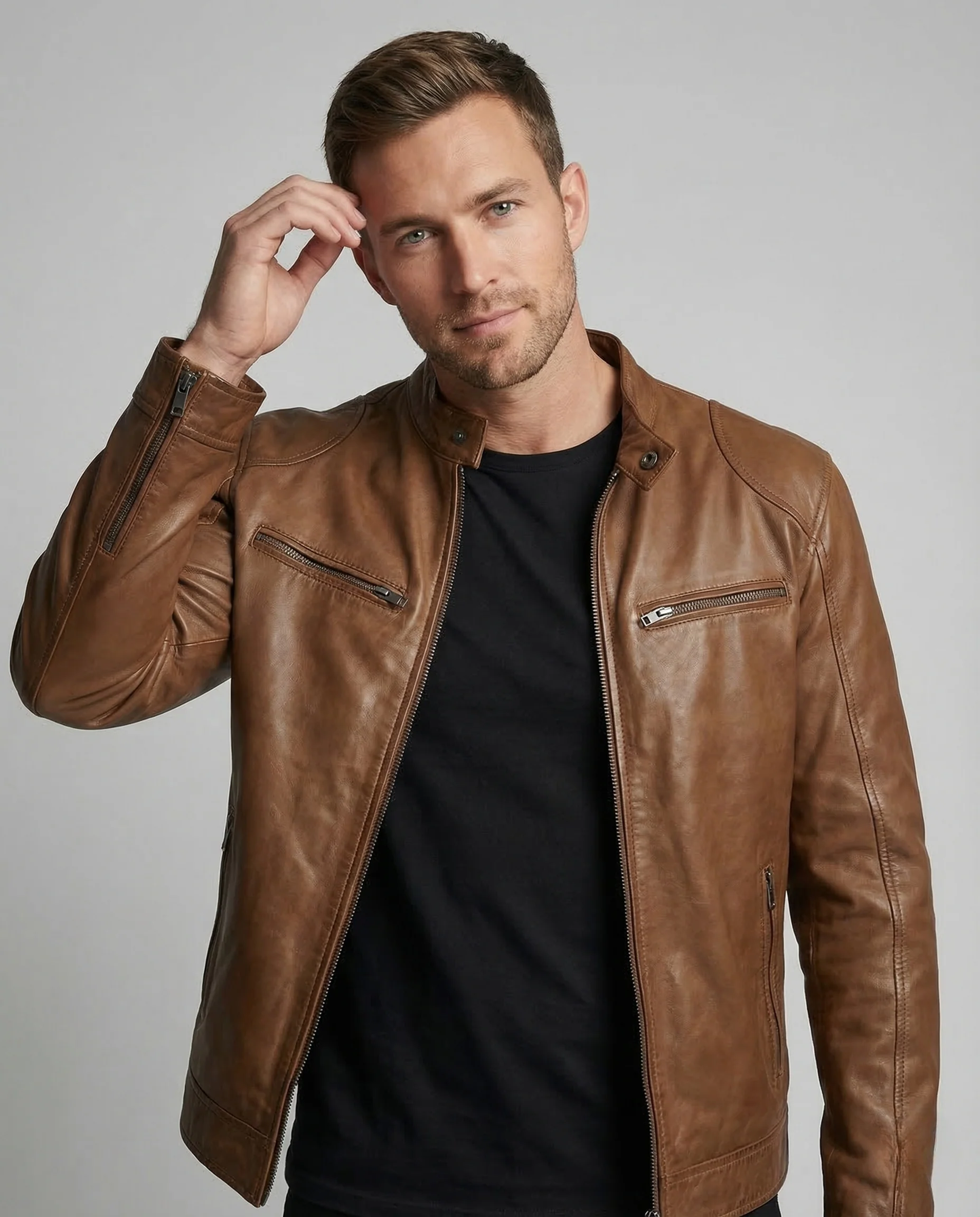 Herren Leder Bikerjacke Stehkragen - Image 2