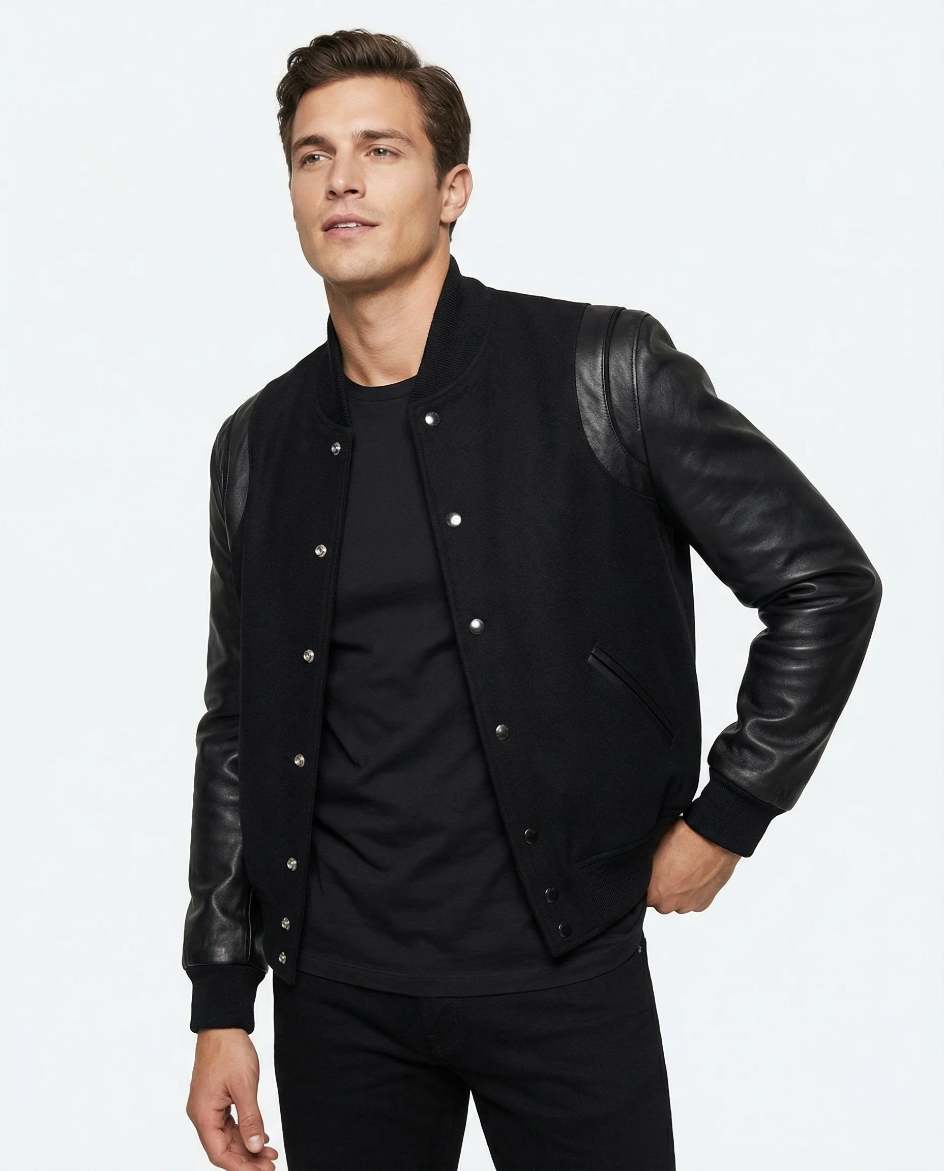 Schlanke Varsity-Collegejacke mit Druckknopfleiste Lederbesatz und satinierter Innenfütterung Heidi-Mode - Image 5