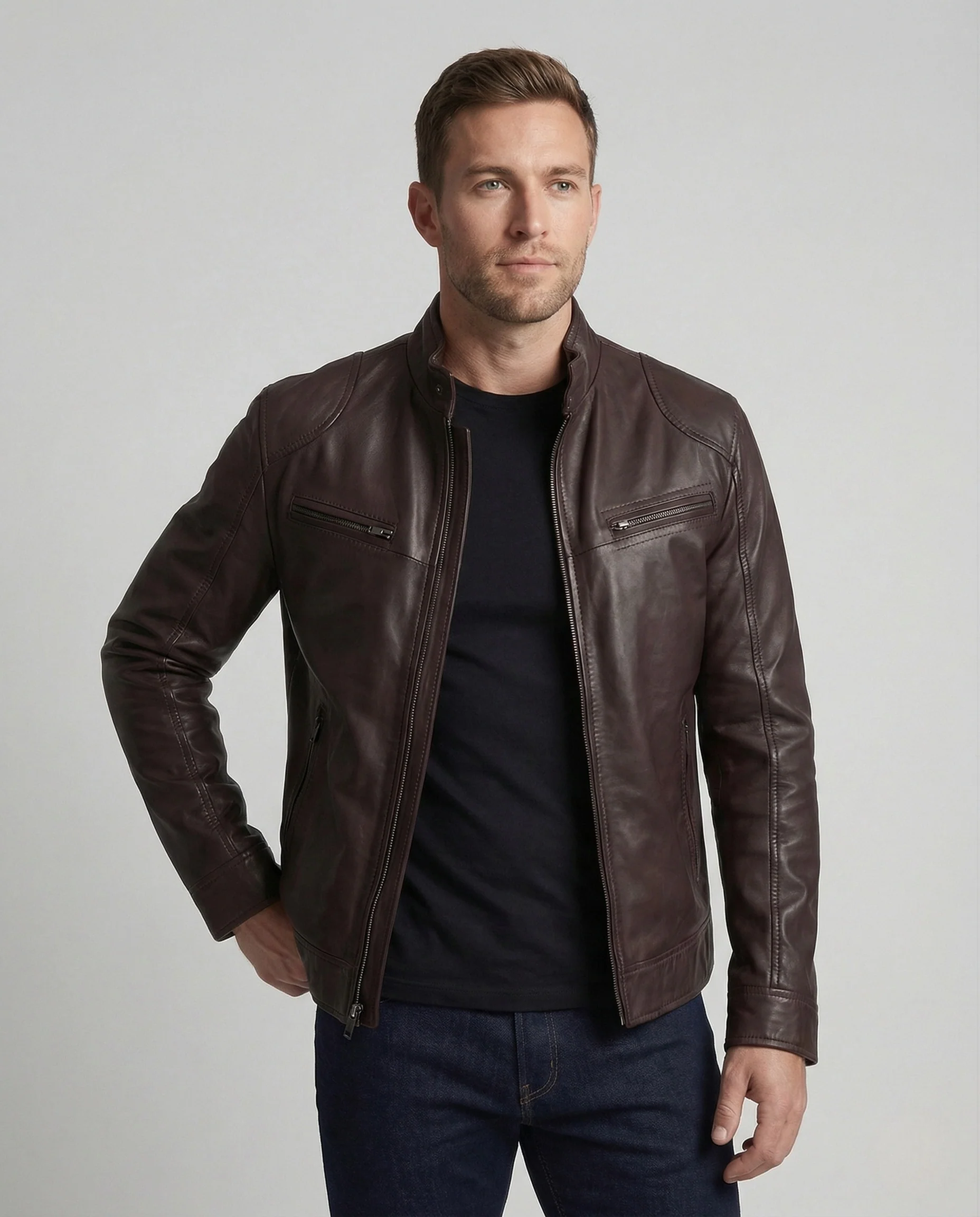 Herren Nappaleder Motorradjacke mit Stehkragen - Image 2