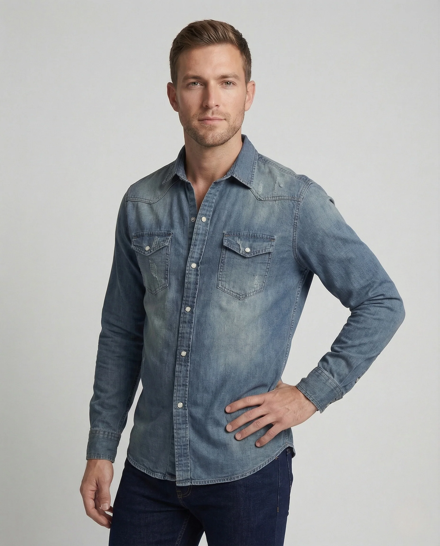 Herren Slim Denim Hemd mit Druckknopfleiste - Image 2