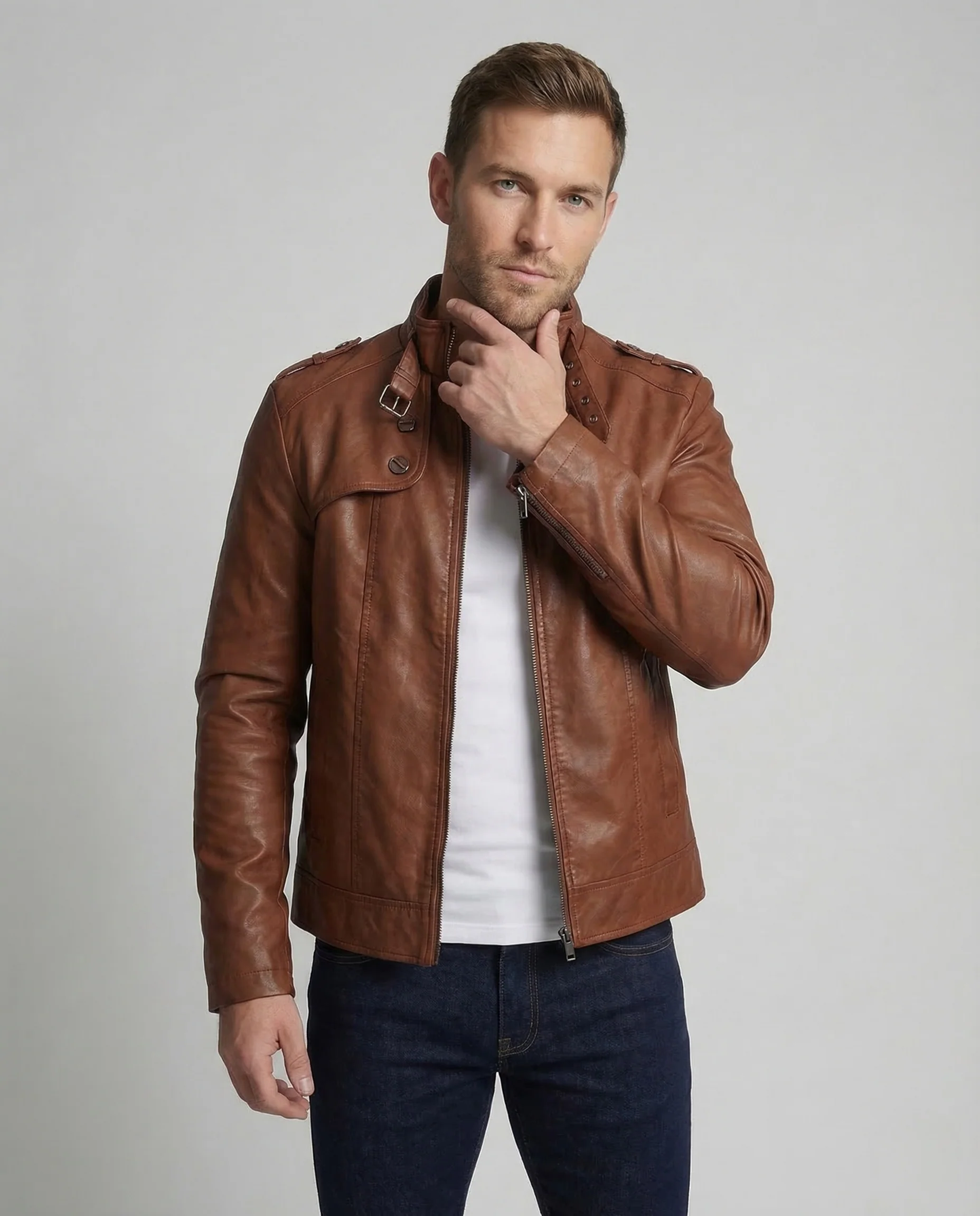 Herren Kunstlederjacke Military Biker - Image 2