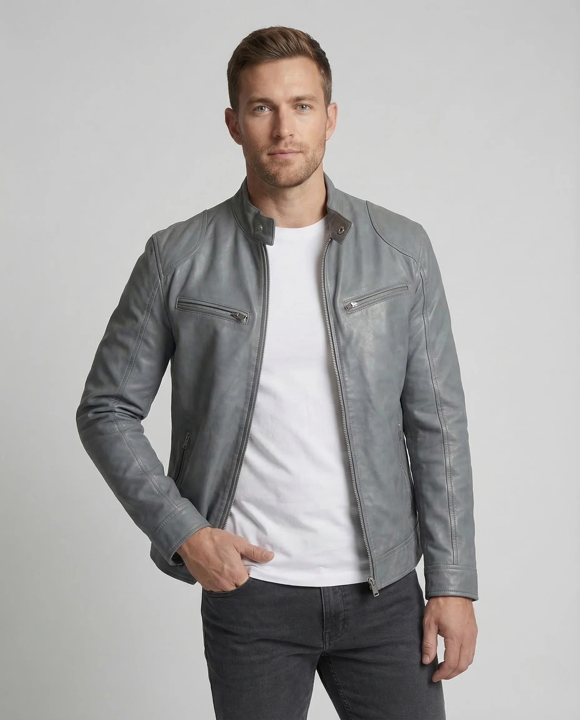 Herren Lederjacke Slim Stehkragen - Image 2