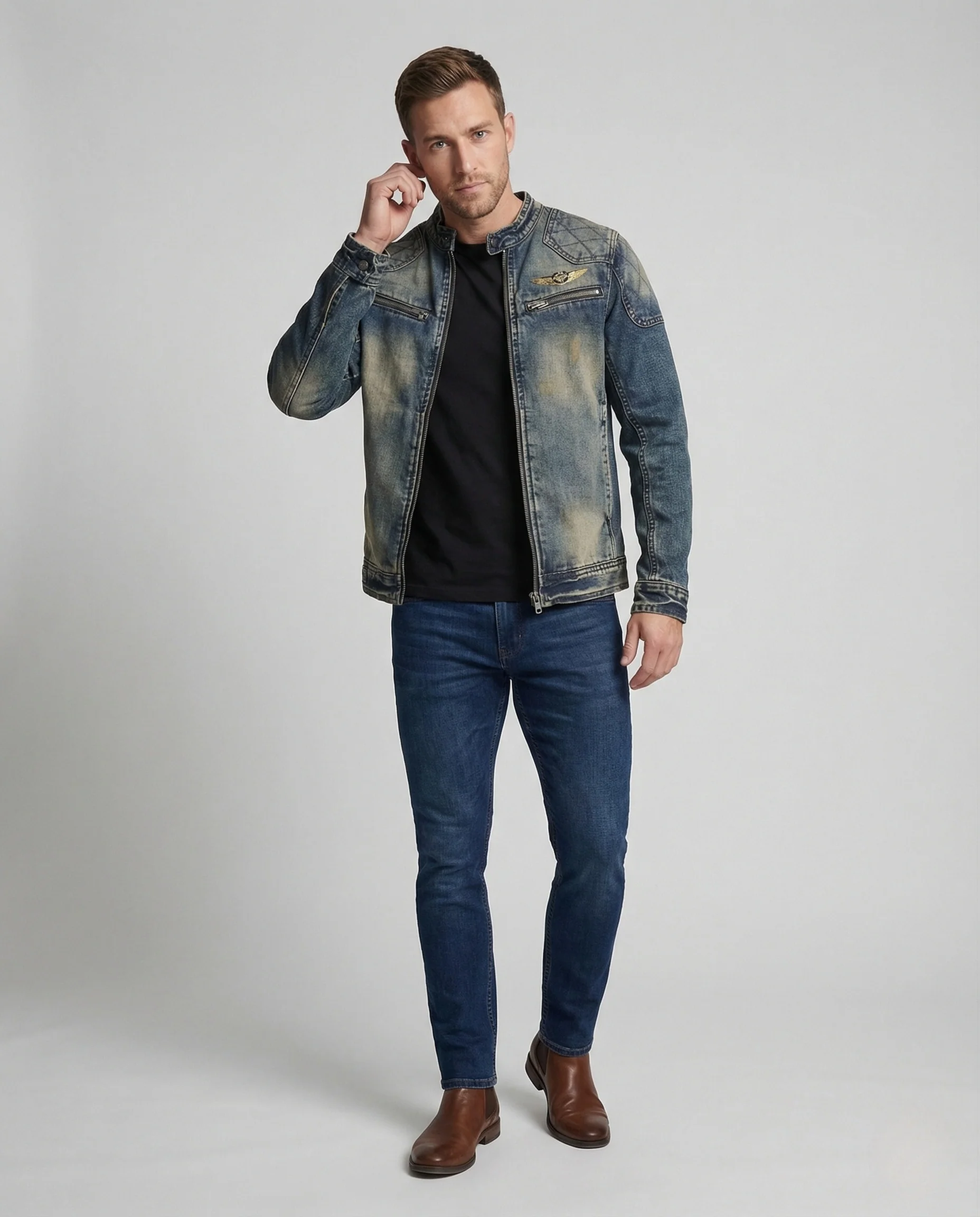 Herren Biker Denimjacke stonewashed