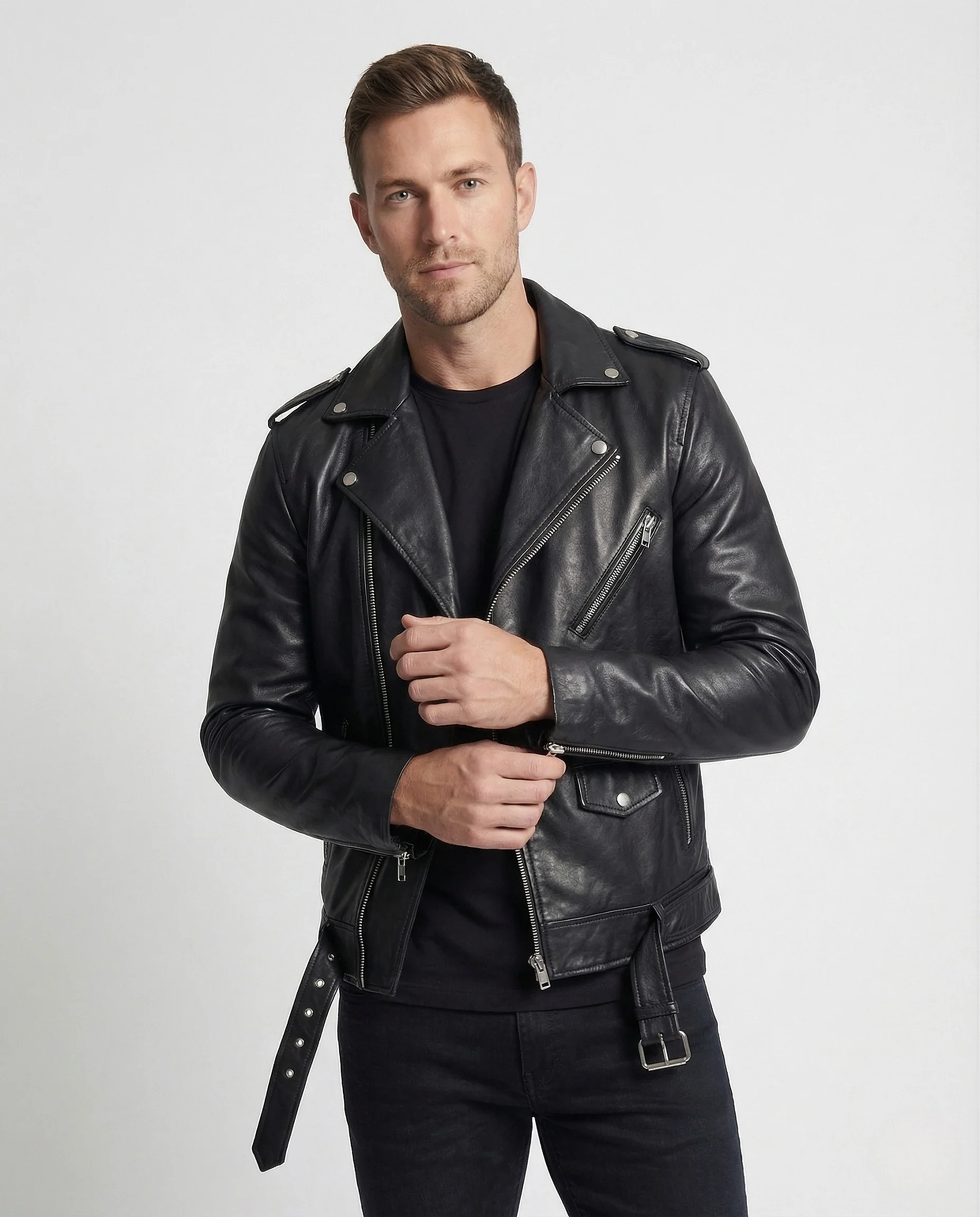 Herren Bikerjacke Kunstleder Tailliert - Image 2