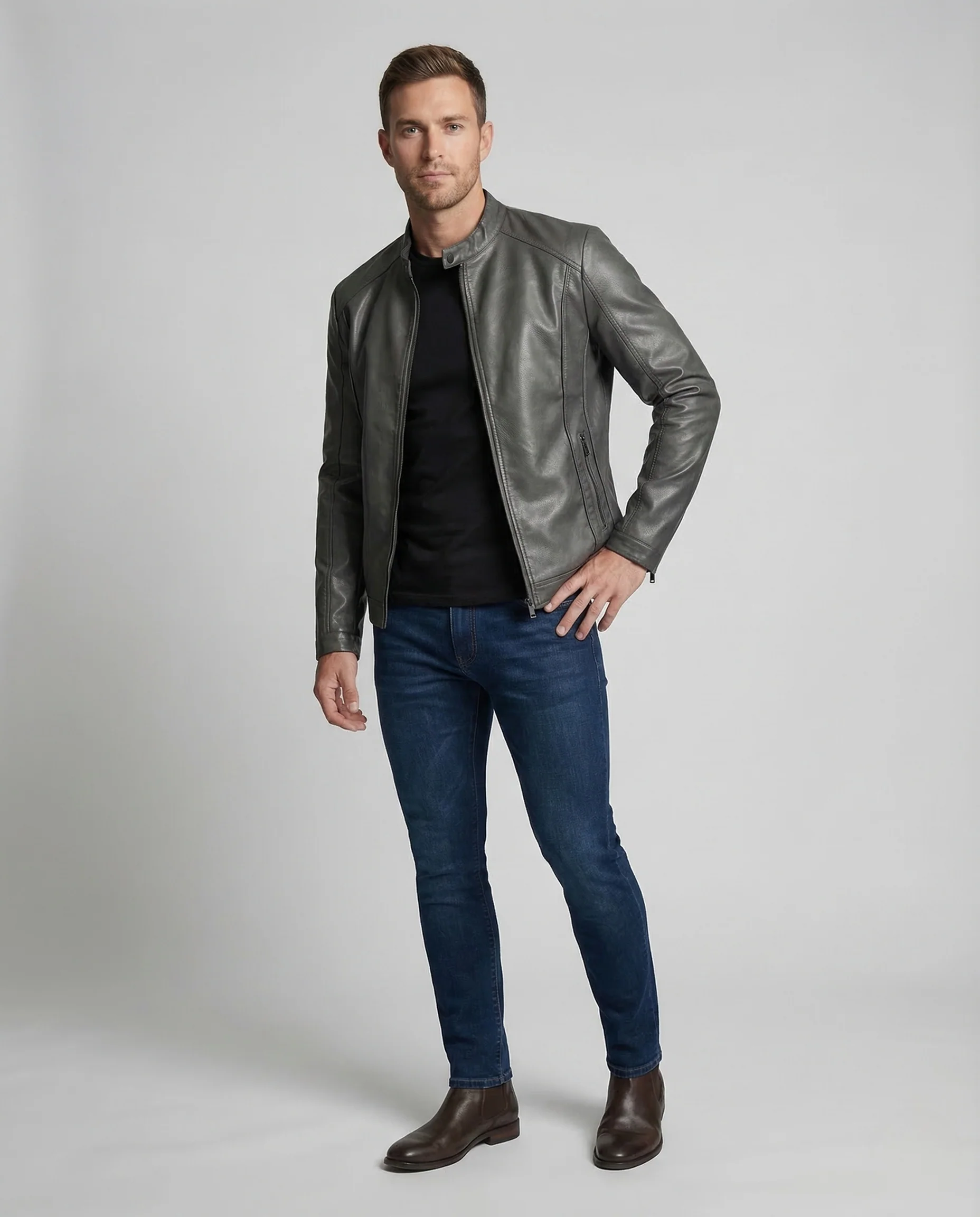 Herren Kunstlederjacke Stehkragen
