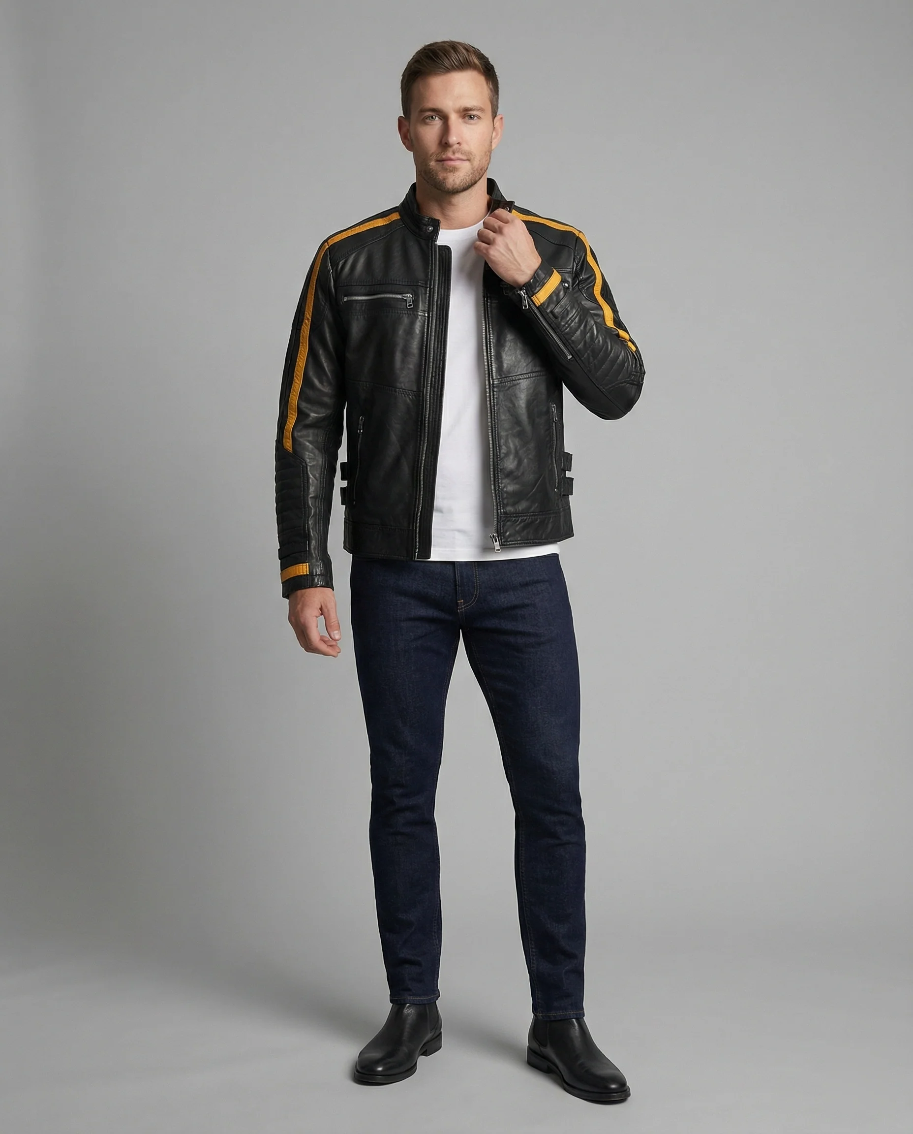 Herren Motorradlederjacke Stehkragen - Image 5