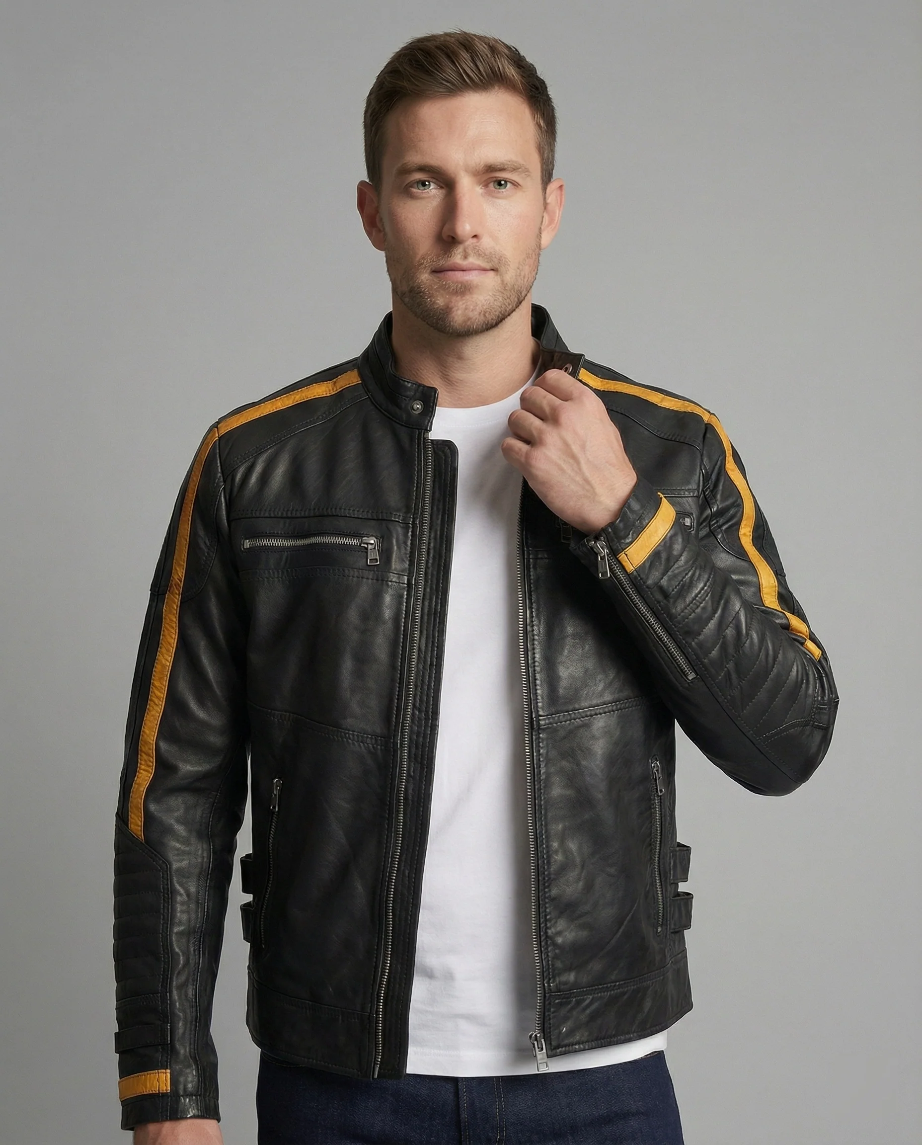 Herren Motorradlederjacke Stehkragen - Image 6