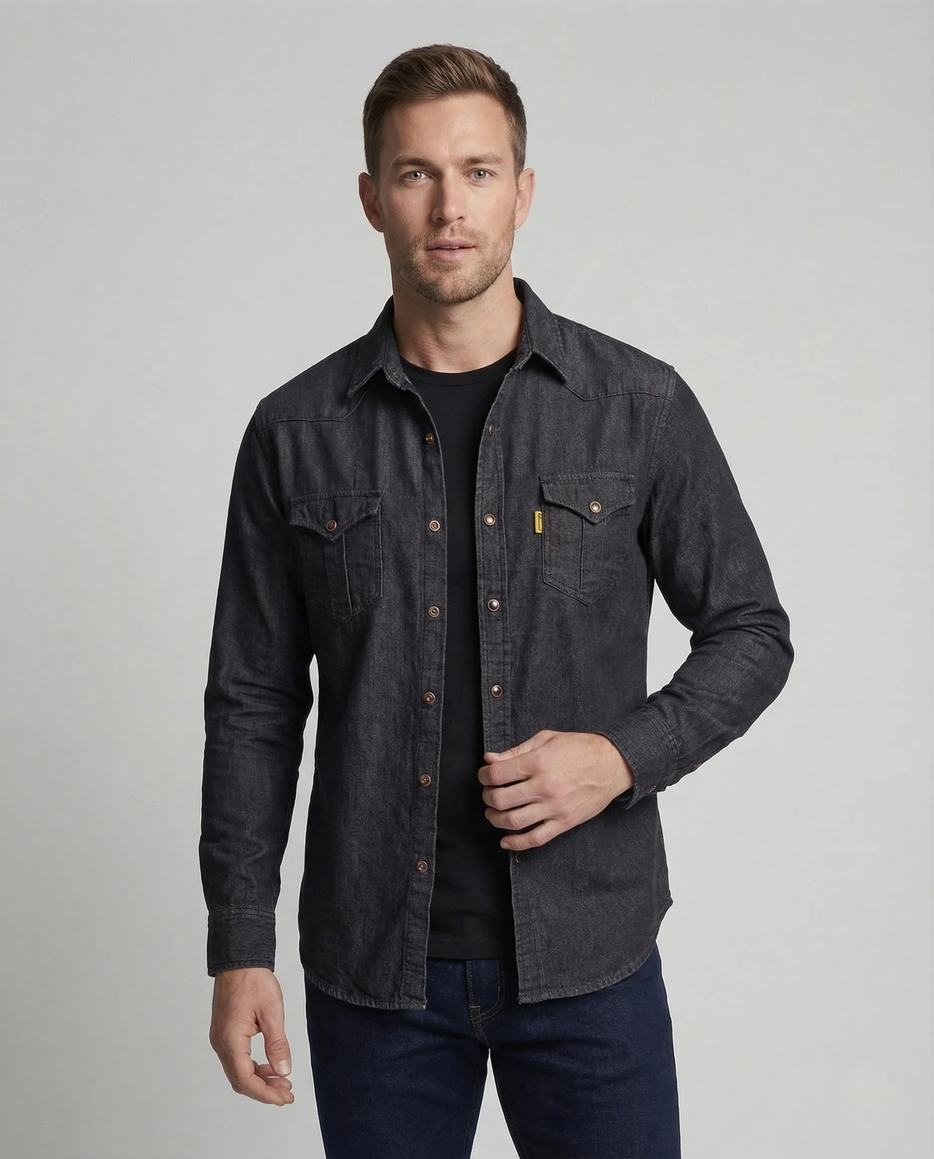 Herren Denimhemd Langarm Western Stil Brusttaschen - Image 2