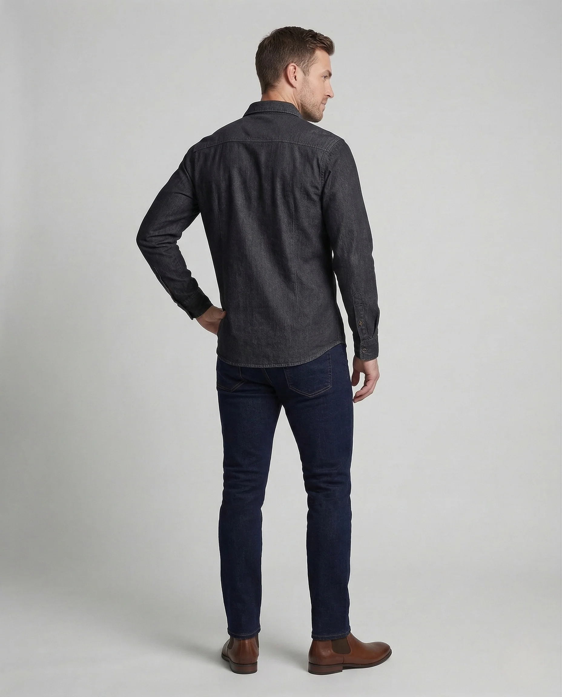 Herren Denimhemd Langarm Western Stil Brusttaschen - Image 3