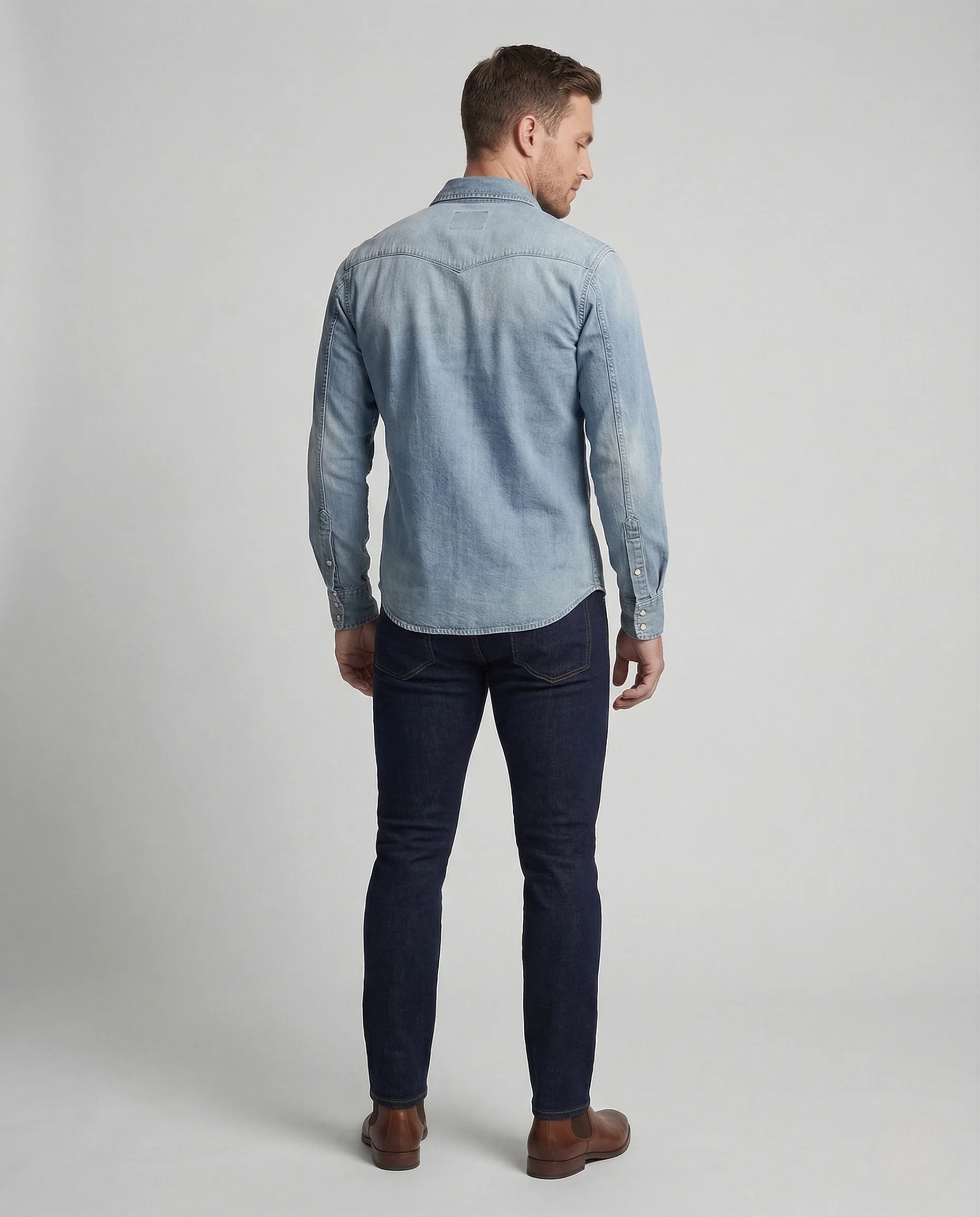 Herren Stretch Western Denim Hemd mit Kontrastnähten - Image 4