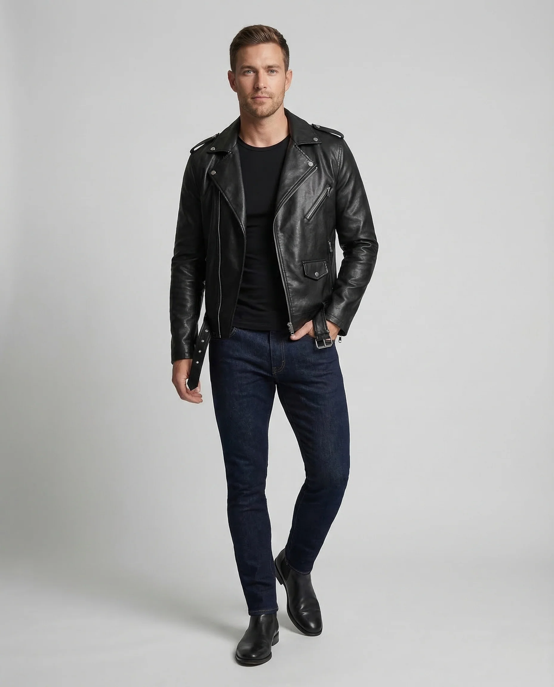 Herren Kunstleder Bikerjacke Asymmetrisch
