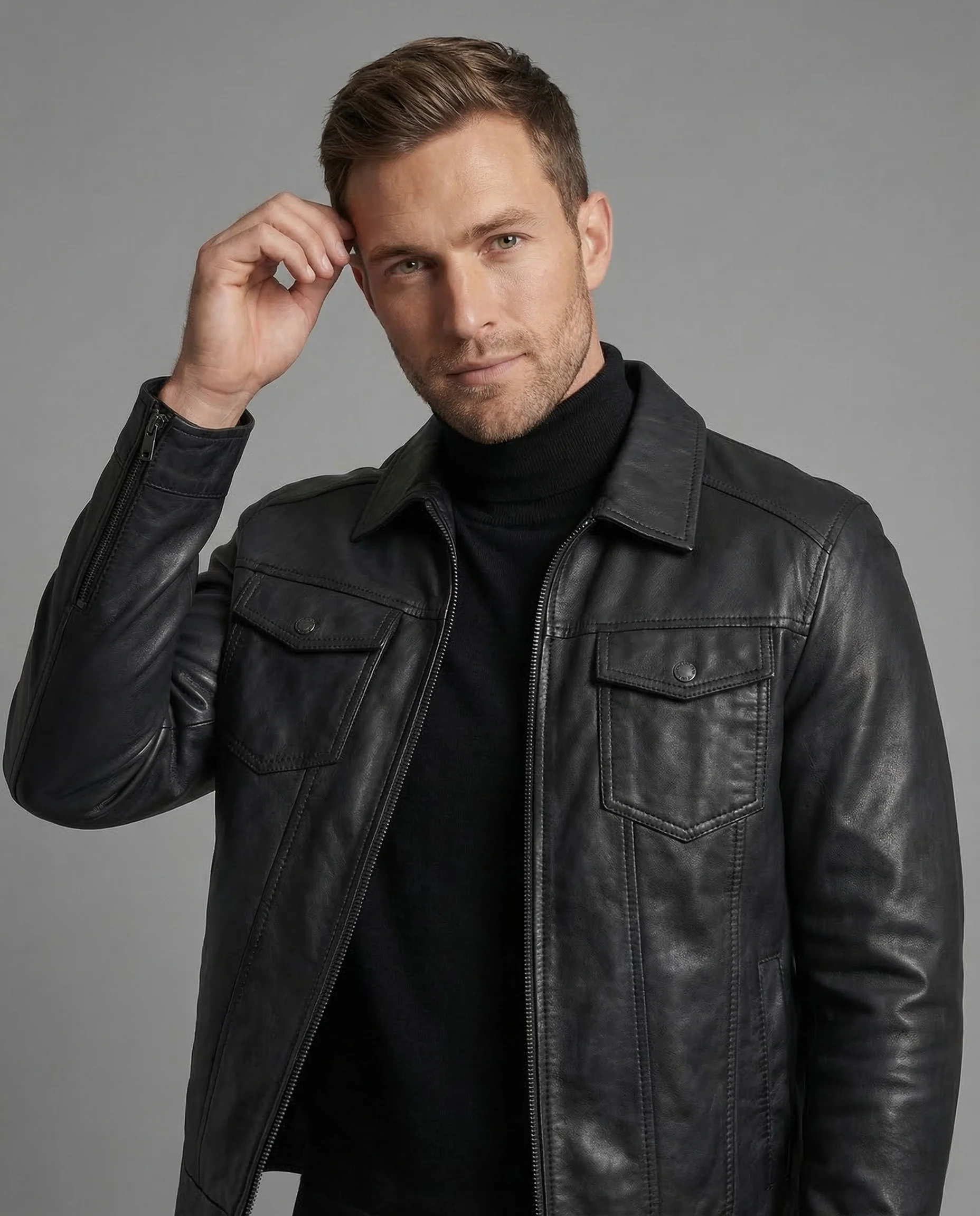 Herren Lederoptik Blouson Hemdkragen Brustklappen - Image 2