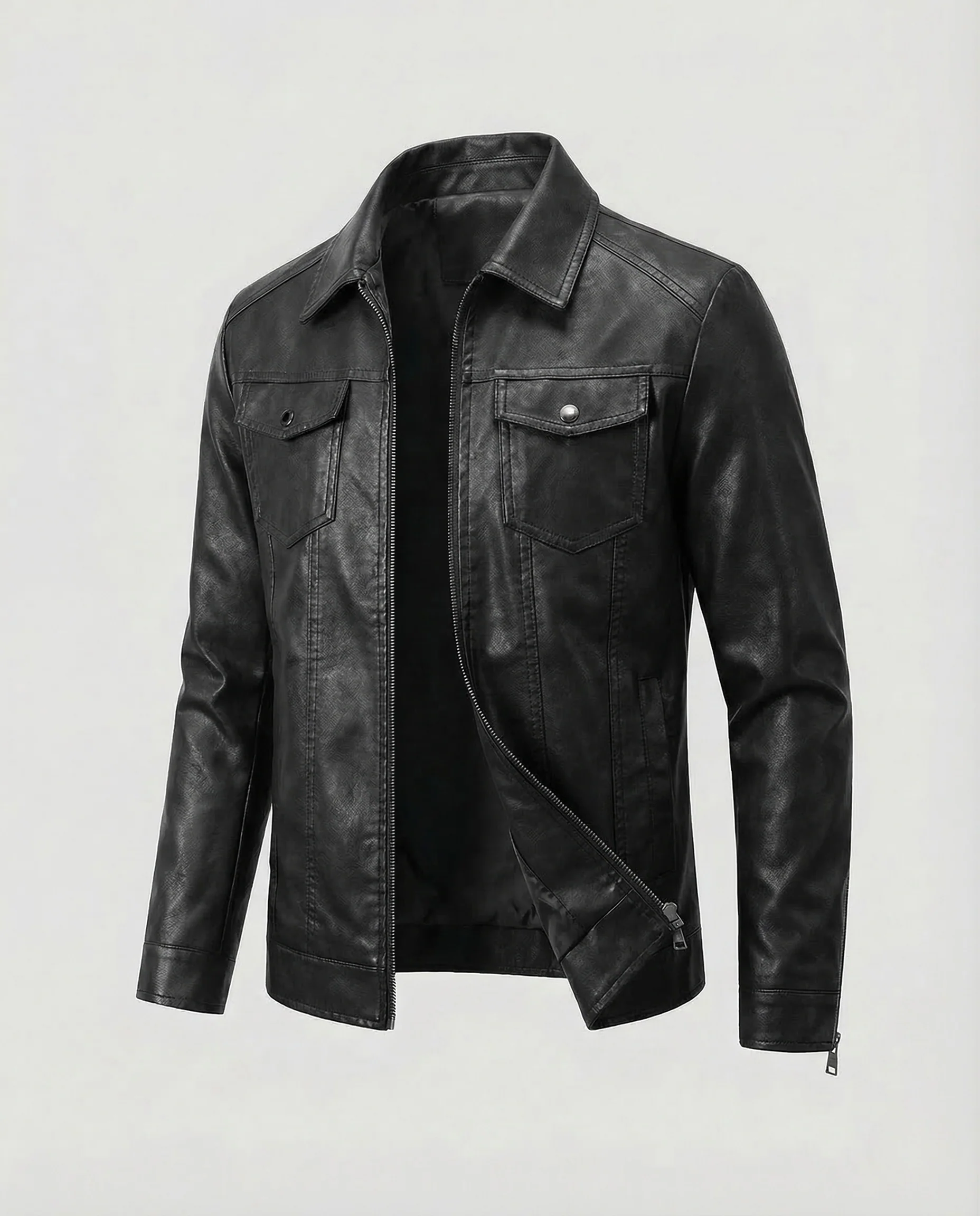 Herren Lederoptik Blouson Hemdkragen Brustklappen - Image 6