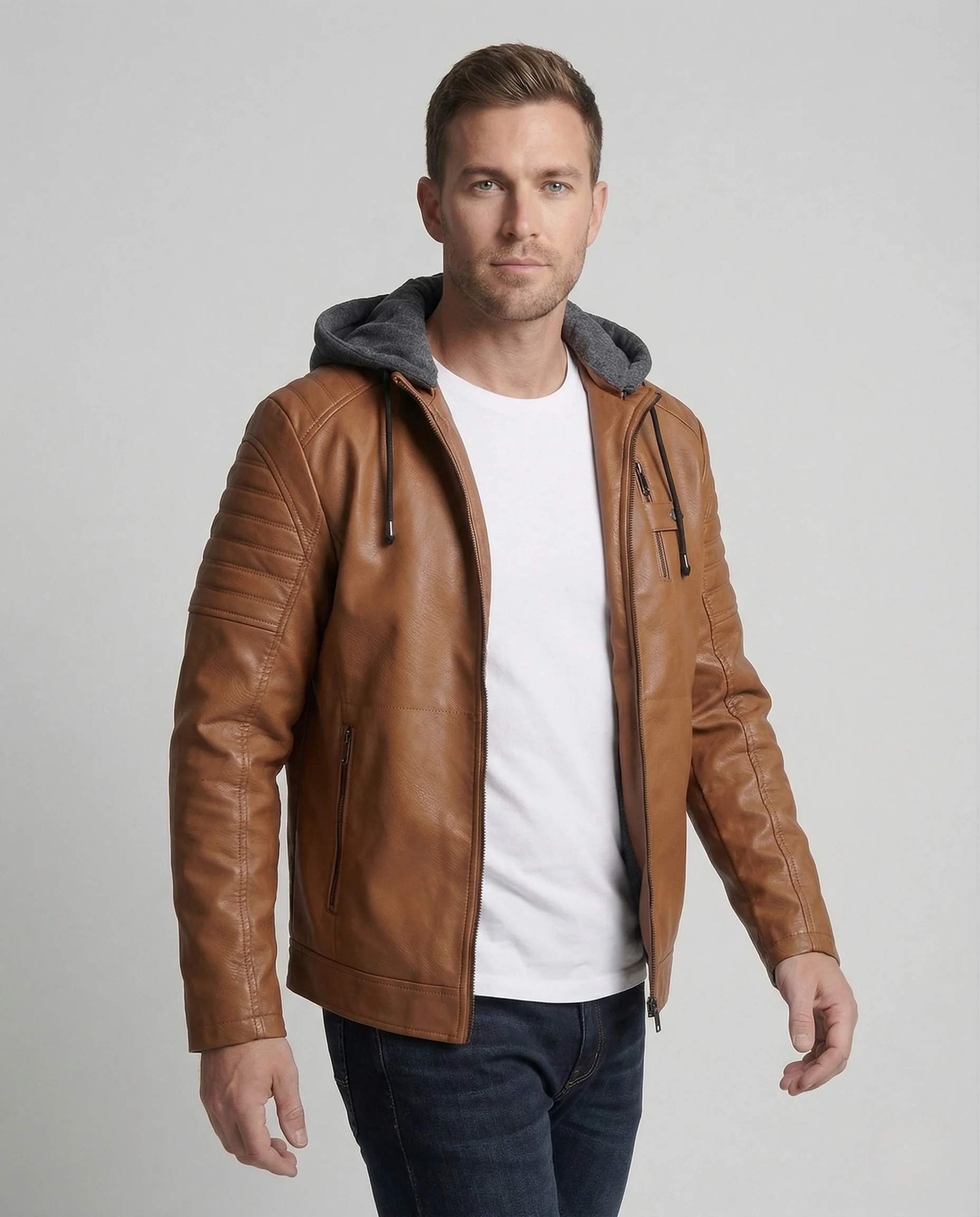 Herren Lederblouson mit Sweatkapuze & Steppdetails - Image 2
